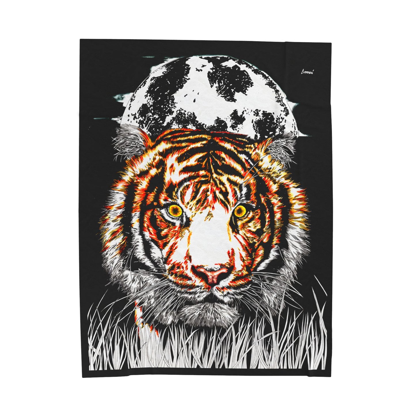 Majestic tiger design velveteen plush blanket with moon background for cozy home decor.