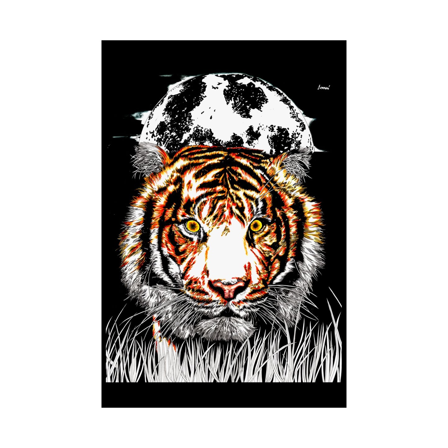 Majestic Tiger Satin Poster - 300gsm Art Print with Moon Design