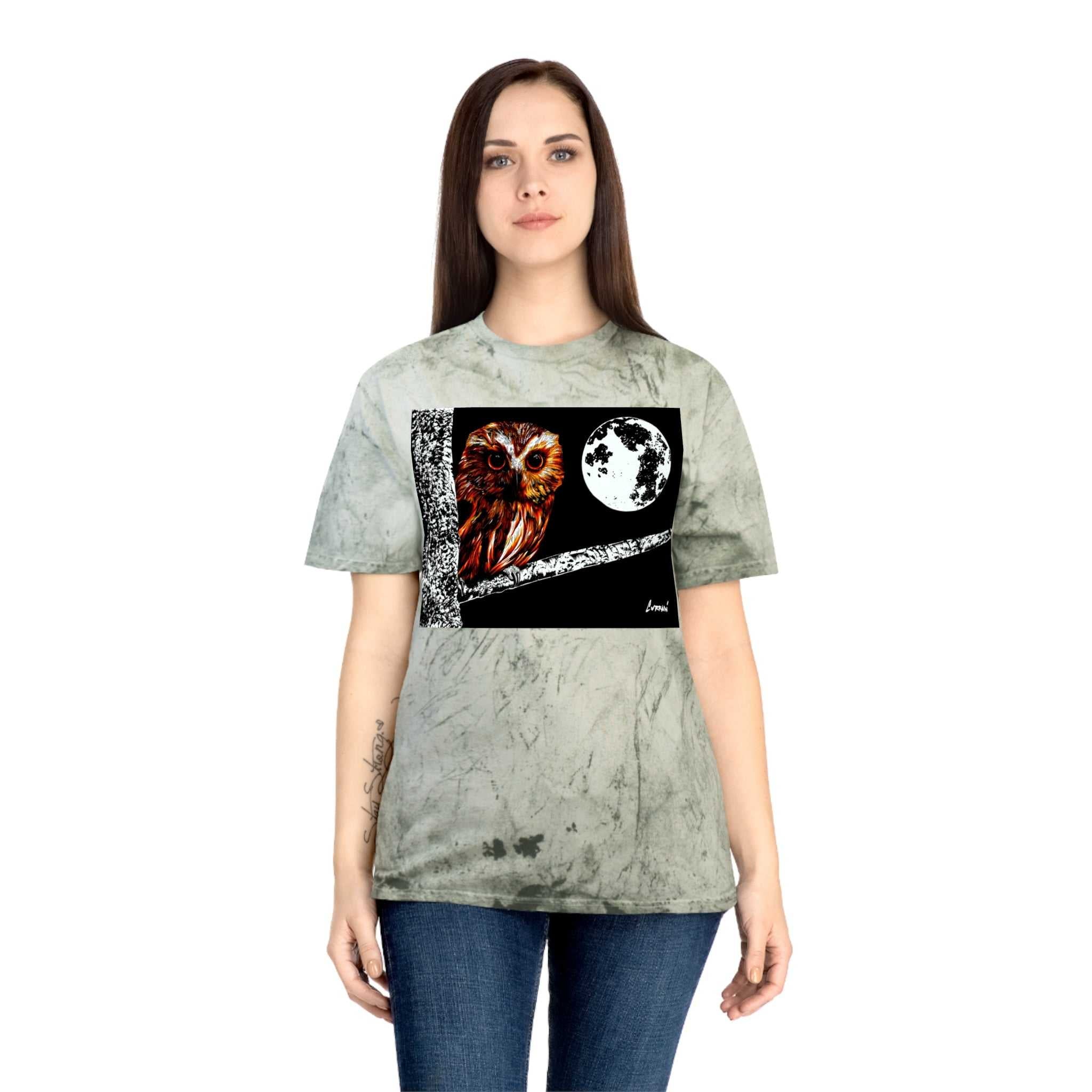 Owl on a Branch Color Blast T Shirt Original Hand Drawn Art