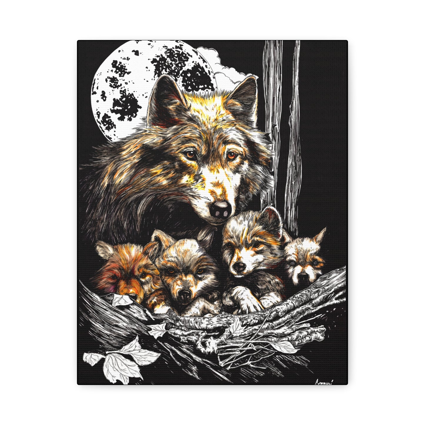 Wolf Wall Art, Wolf Print, Hand-Drawn Wolves, Wildlife Art, Wolf and Cubs, Nature Wall Decor, Animal Lover Gift, Woodland Art Printed on Matte Canvas, Stretched, 1.25"