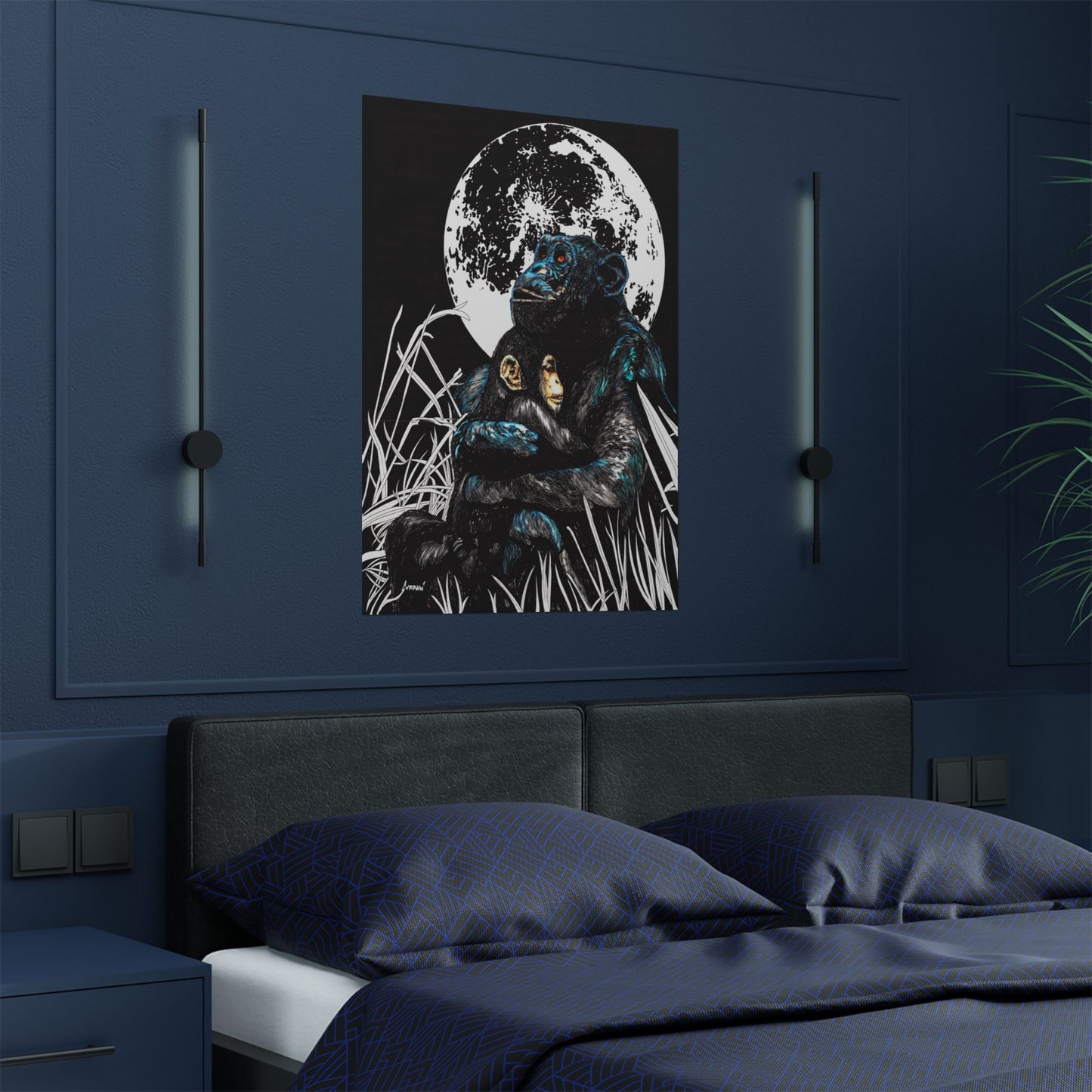 Satin Poster - Moonlit Chimpanzee Embrace Art Print
