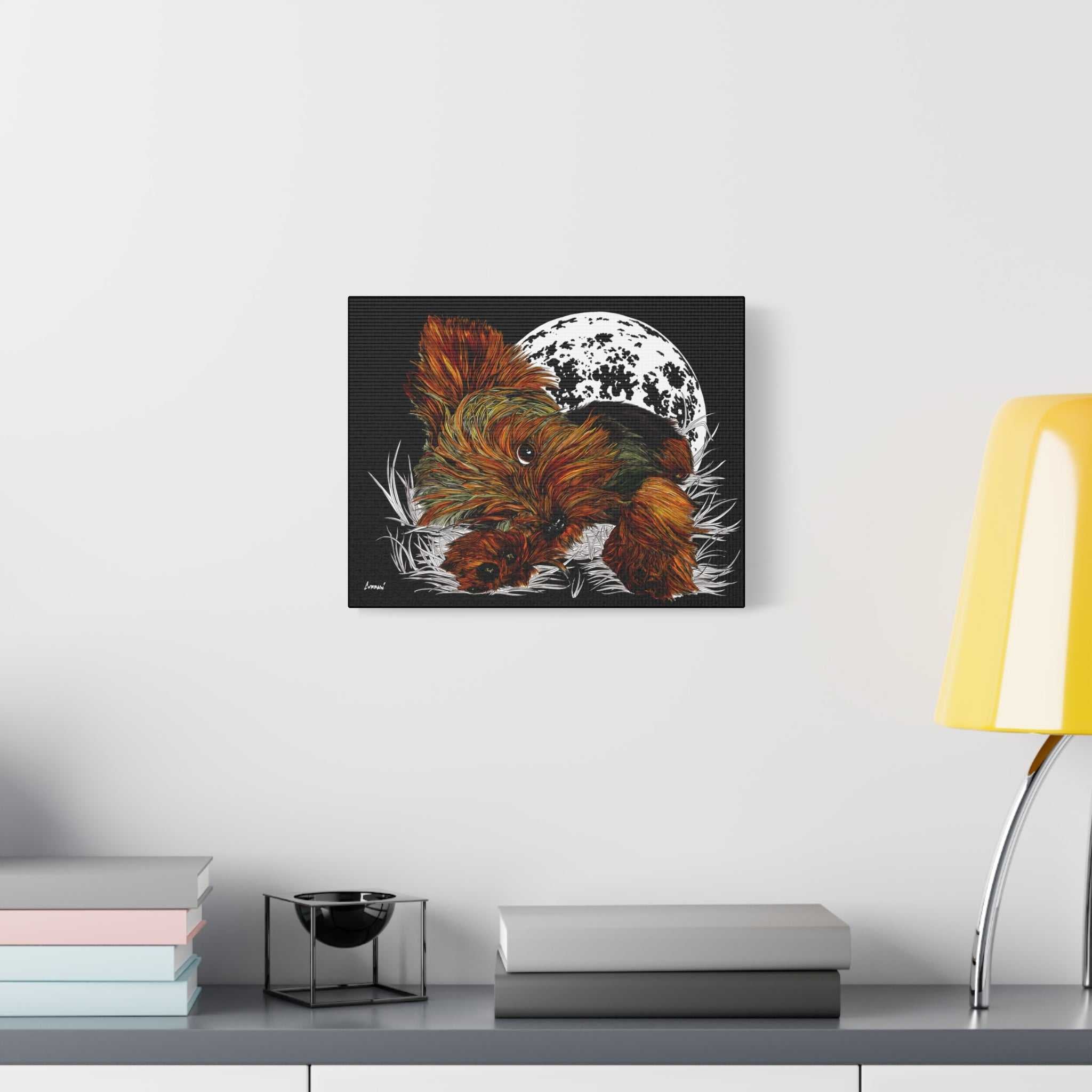 Bring a touch of charm to your walls with this adorable Yorkie Terrier Canvas Print - Cozy Yorkie with Moon Design. Perfect for dog lovers!