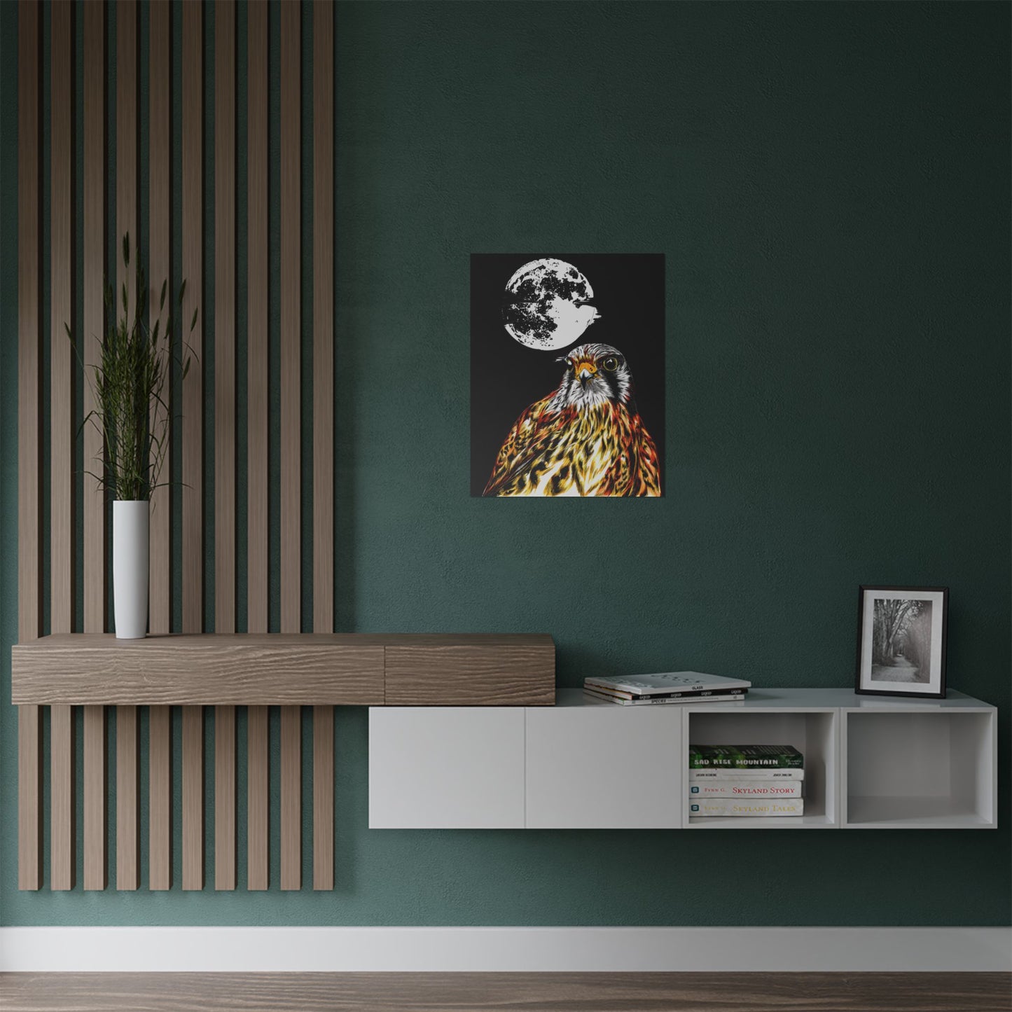 Wildlife Satin Poster - Majestic Falcon with Moon Design
