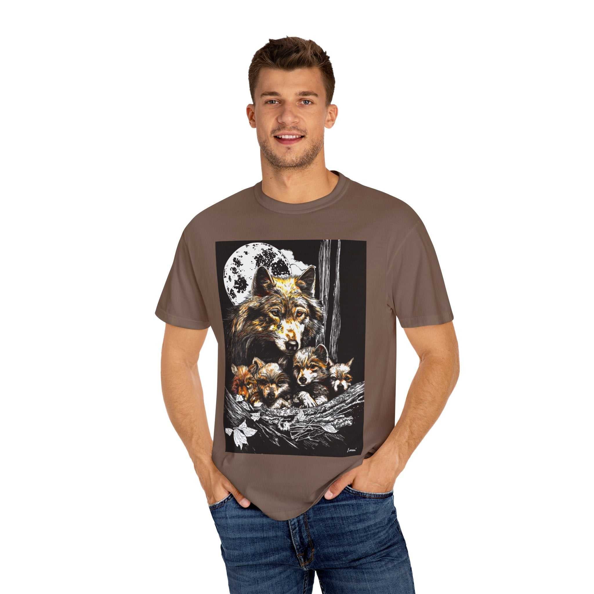 Experience nature inspired art with our exclusive Wolf Family Garment-Dyed T-Shirt - Nature Inspired Art. Stand out in style and connect with wildlife.