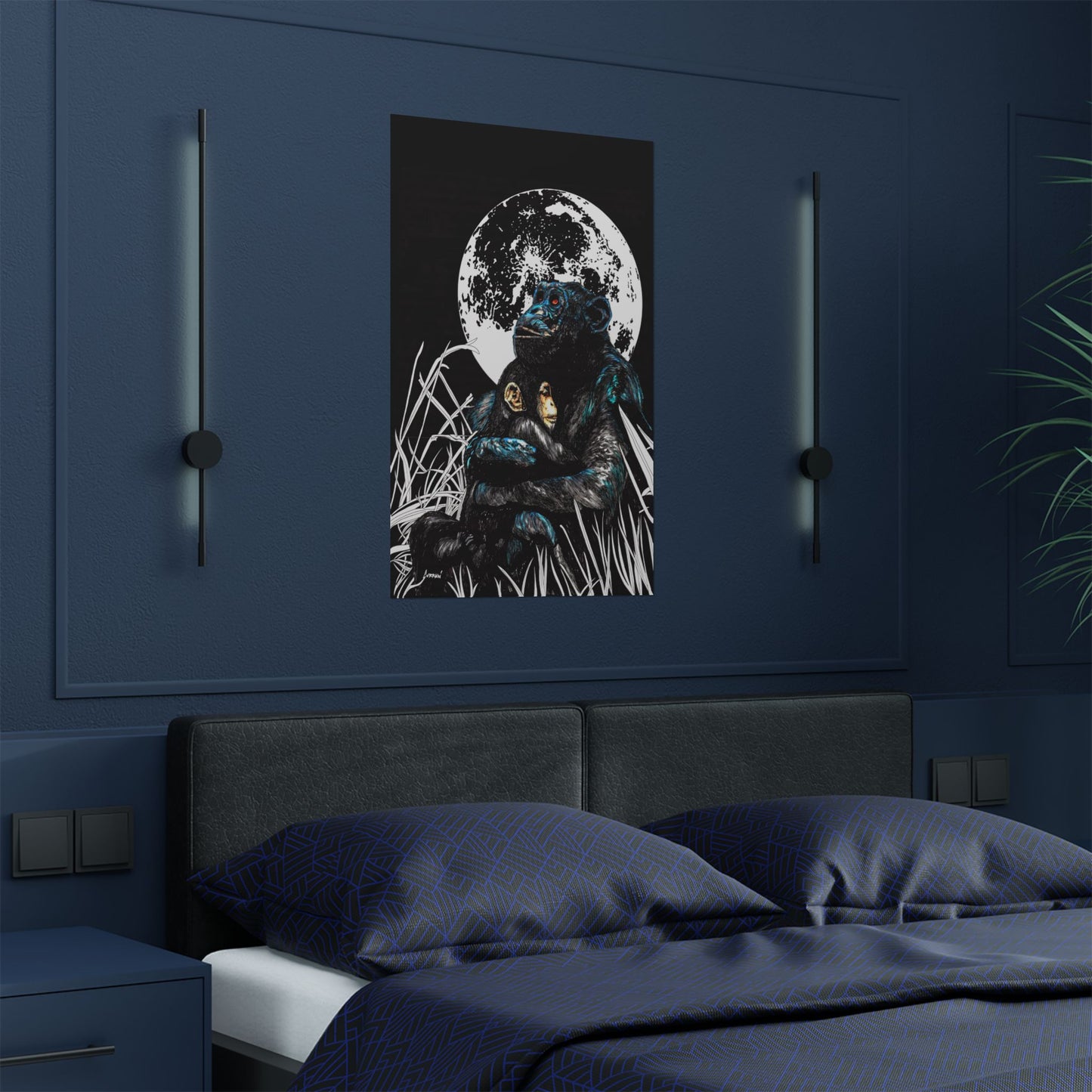 Satin Poster - Moonlit Chimpanzee Embrace Art Print