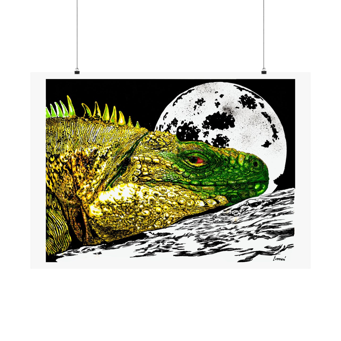 Vibrant Iguana Satin Poster - Moonlit Art Print for Nature Lovers