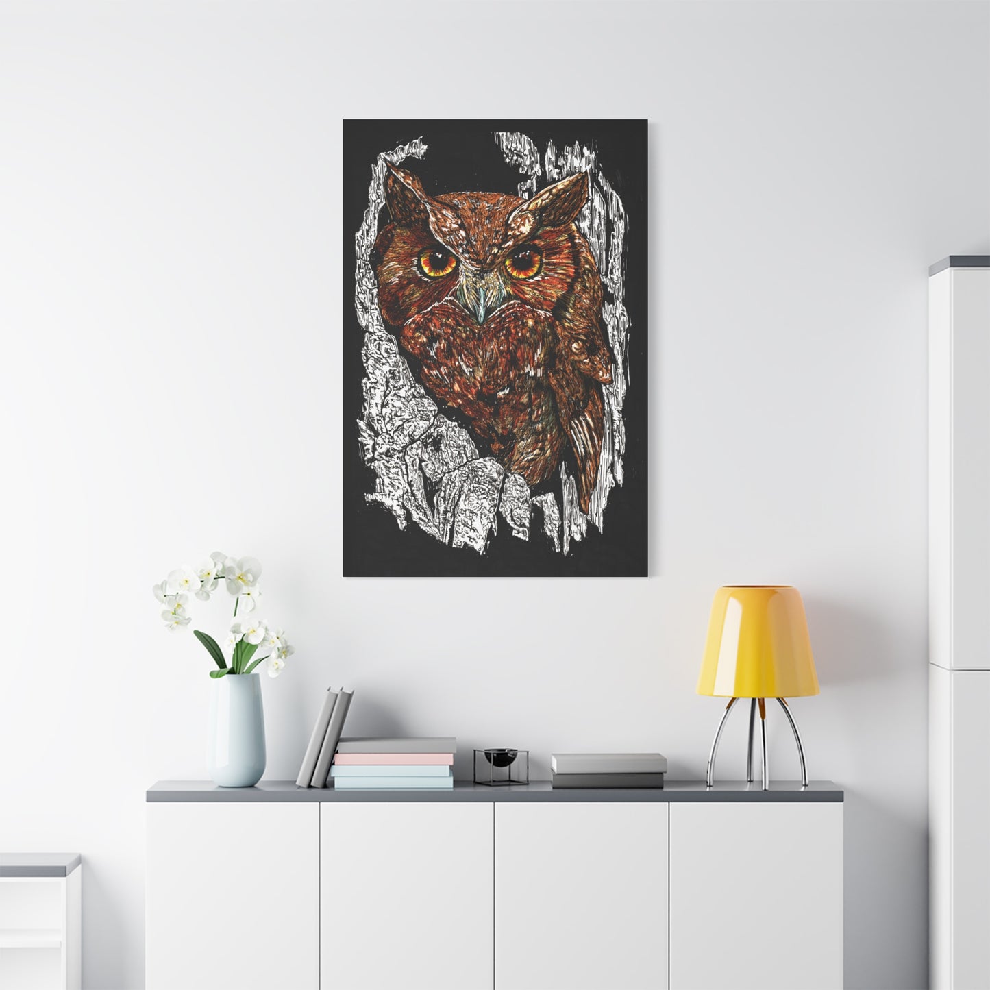 Owls in a Tree Wall Art Canvas Print of the Original, hand drawn wall art of an Owls in a Tree