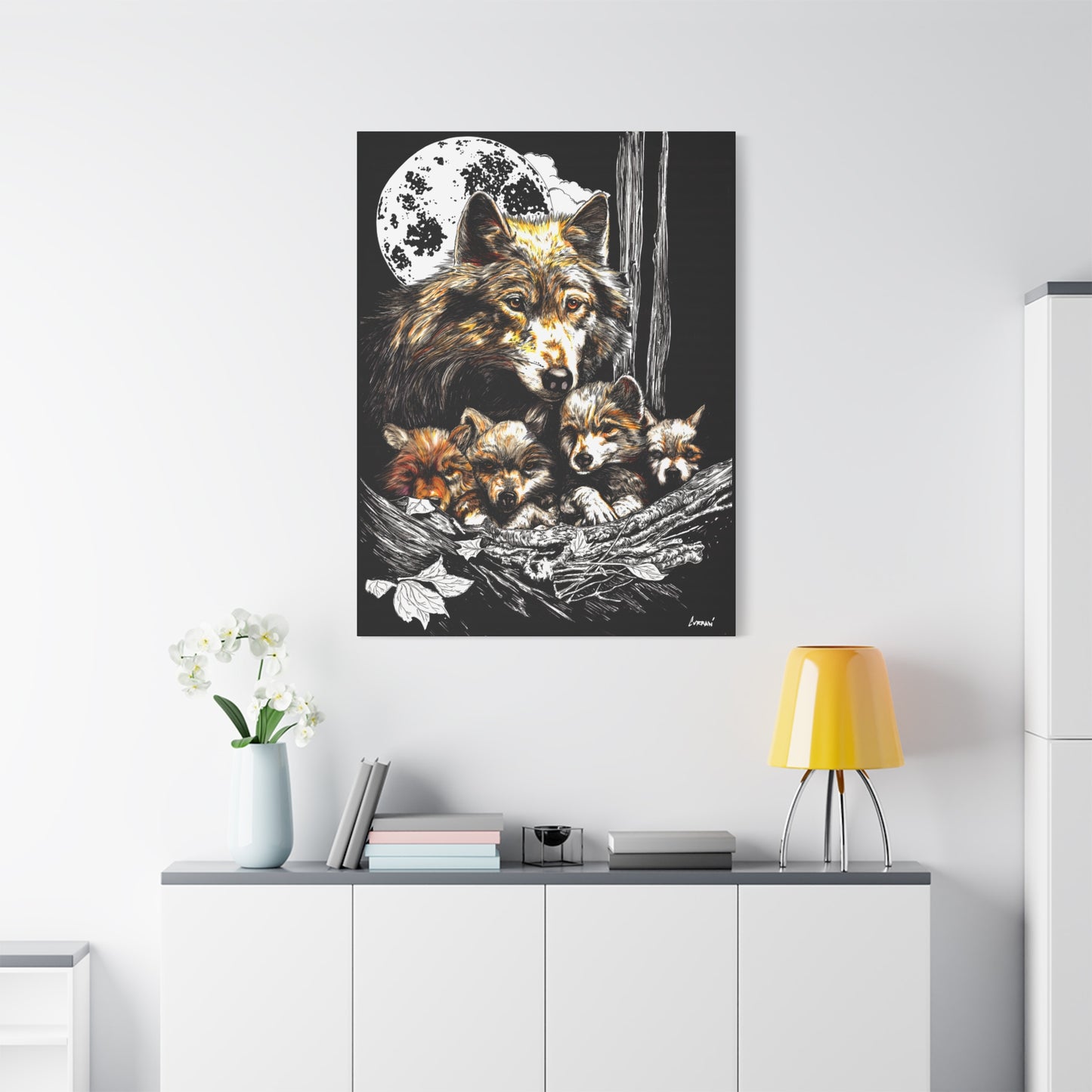 Wolf Wall Art, Wolf Print, Hand-Drawn Wolves, Wildlife Art, Wolf and Cubs, Nature Wall Decor, Animal Lover Gift, Woodland Art Printed on Matte Canvas, Stretched, 1.25"
