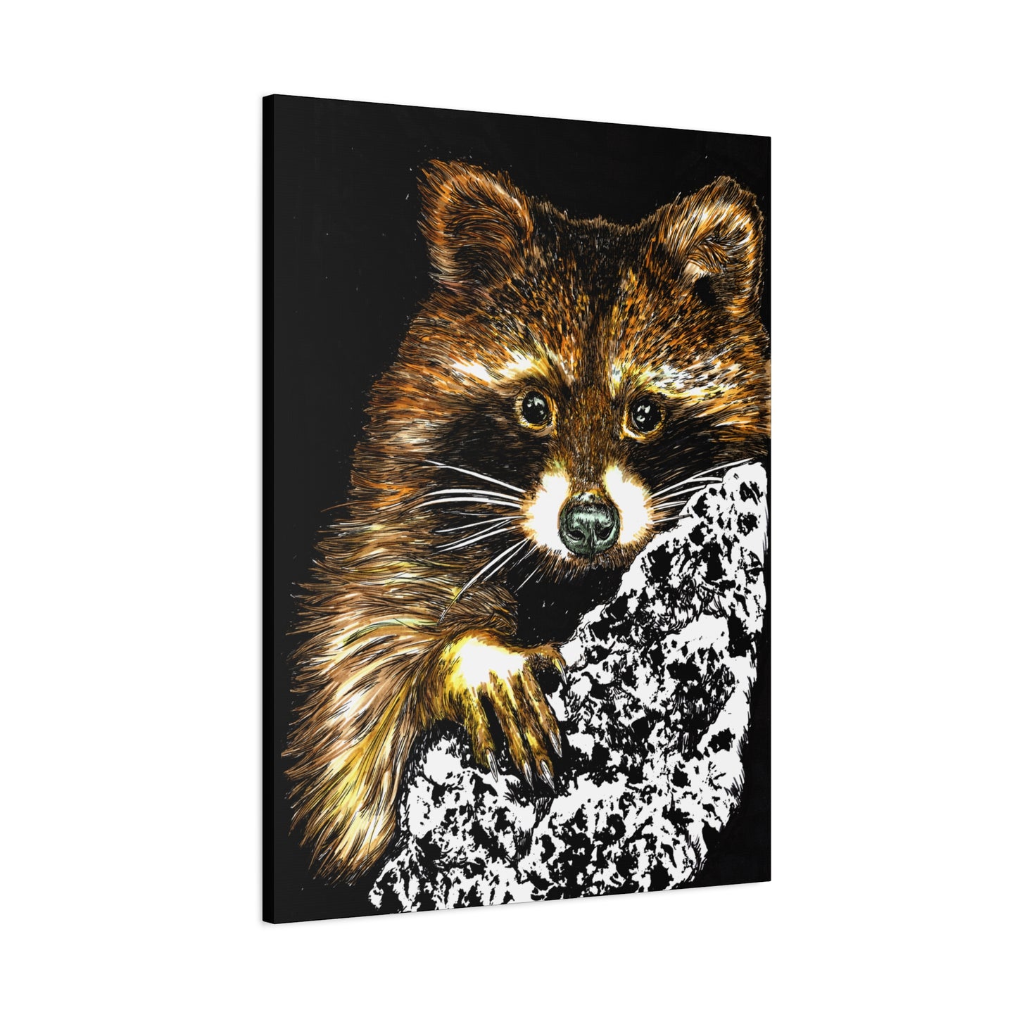 Raccoon in Tree Wall Art Canvas Print of the Original, hand drawn wall art of a Raccoon in a Tree