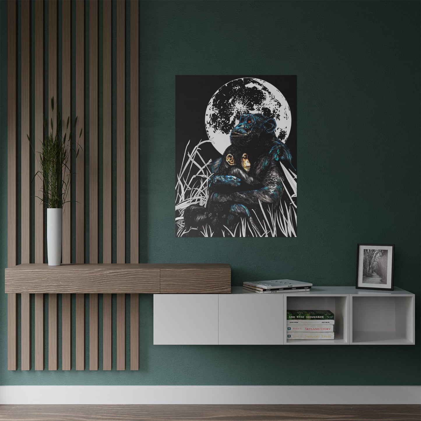 Satin Poster - Moonlit Chimpanzee Embrace Art Print