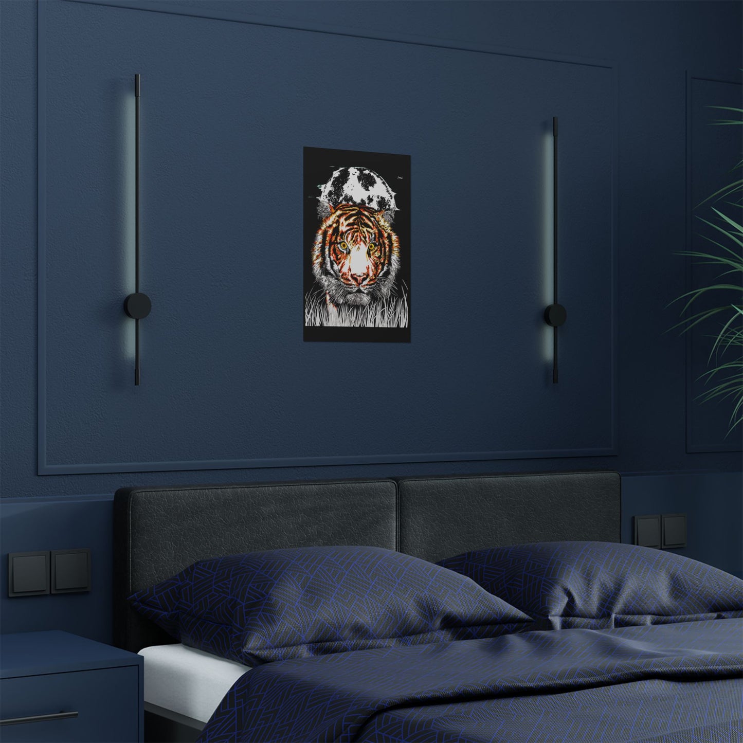 Majestic Tiger Satin Poster - 300gsm Art Print with Moon Design
