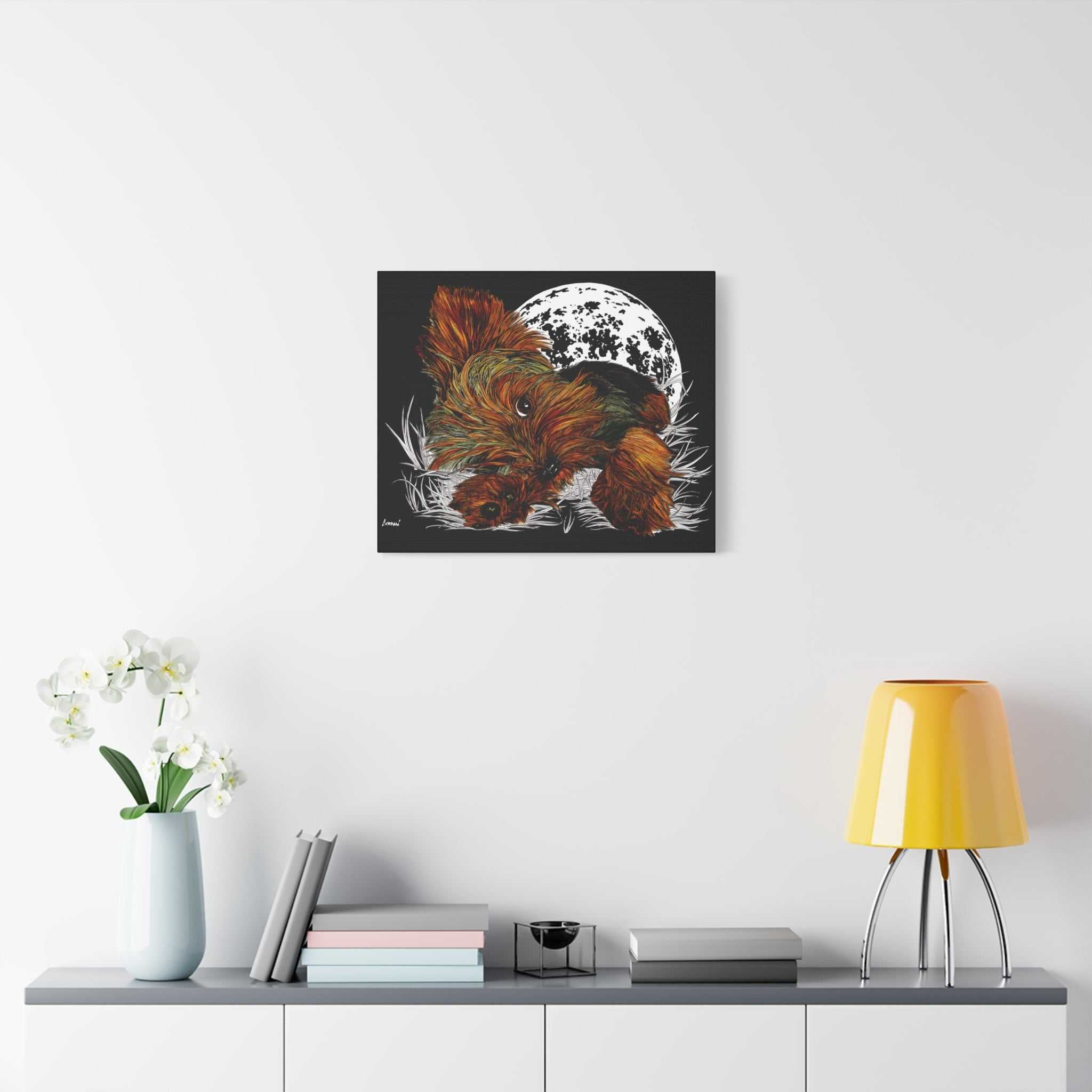 Bring a touch of charm to your walls with this adorable Yorkie Terrier Canvas Print - Cozy Yorkie with Moon Design. Perfect for dog lovers!