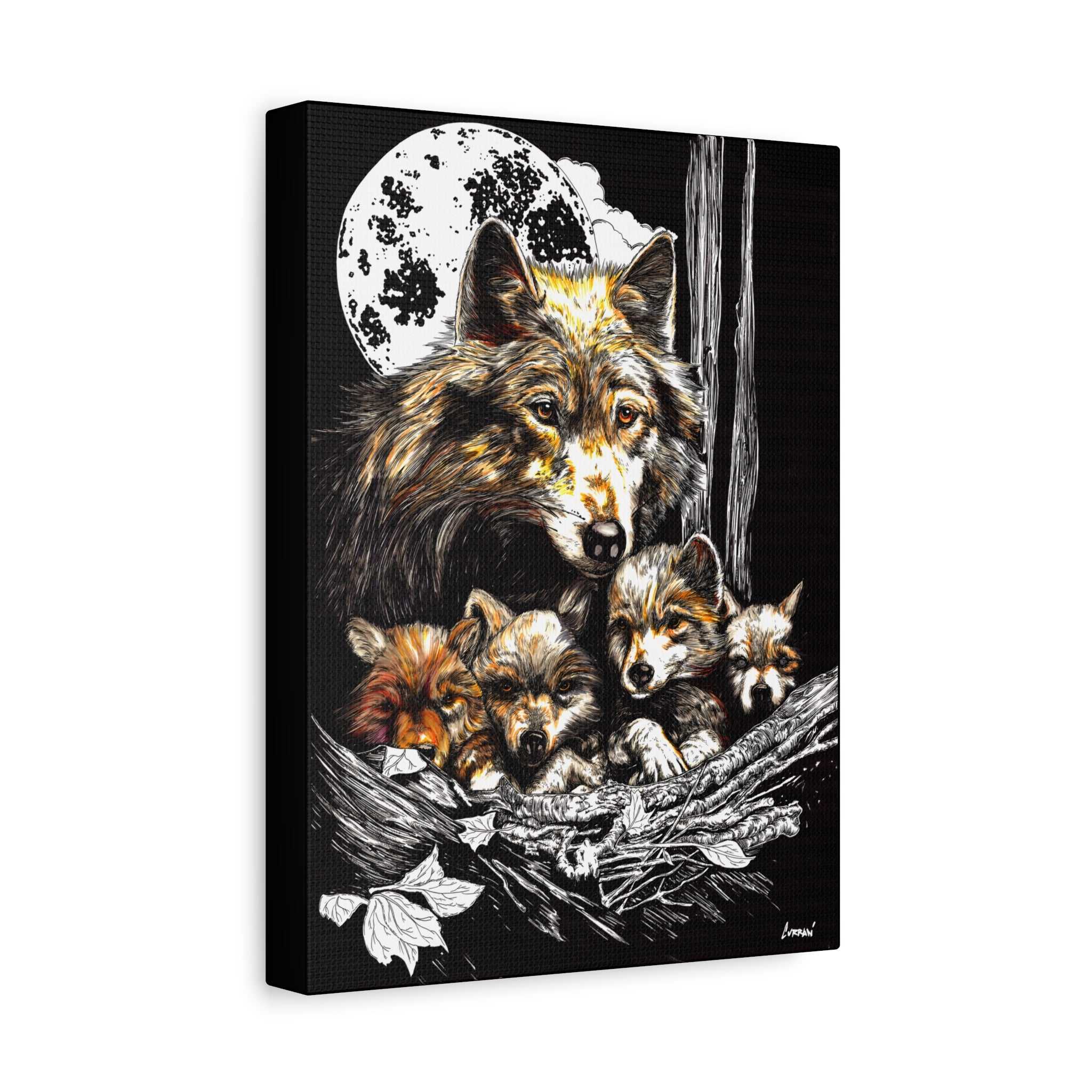 Wolf Wall Art, Wolf Print, Hand-Drawn Wolves, Wildlife Art, Wolf and Cubs, Nature Wall Decor, Animal Lover Gift, Woodland Art Printed on Matte Canvas,
