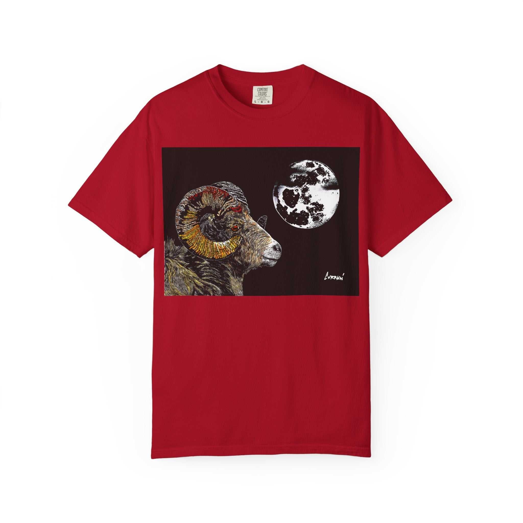 Elevate your style with our Mountain Ram and Moon Graphic Unisex T-Shirt, Nature-Inspired Artwear. Stand out with this unique piece now!