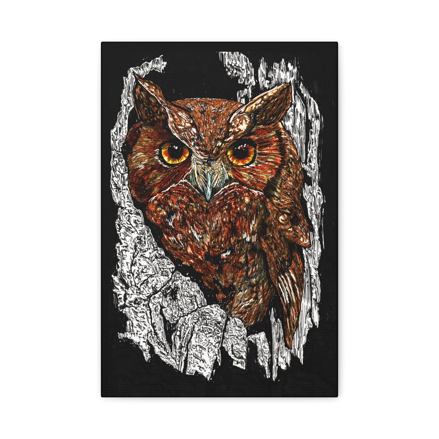 Owls in a Tree Wall Art Canvas Print of the Original, hand drawn wall art of an Owls in a Tree