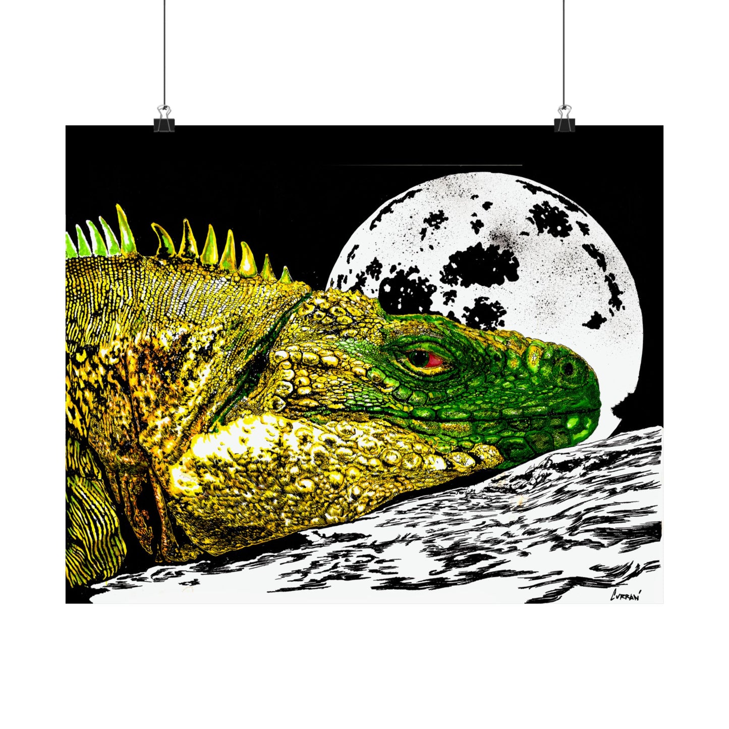 Vibrant Iguana Satin Poster - Moonlit Art Print for Nature Lovers
