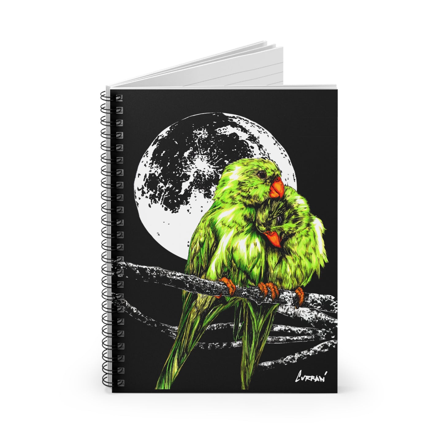 Two Parrots in the Moonlight Spiral Notebook, Ruled Line, Hand-Drawn Art