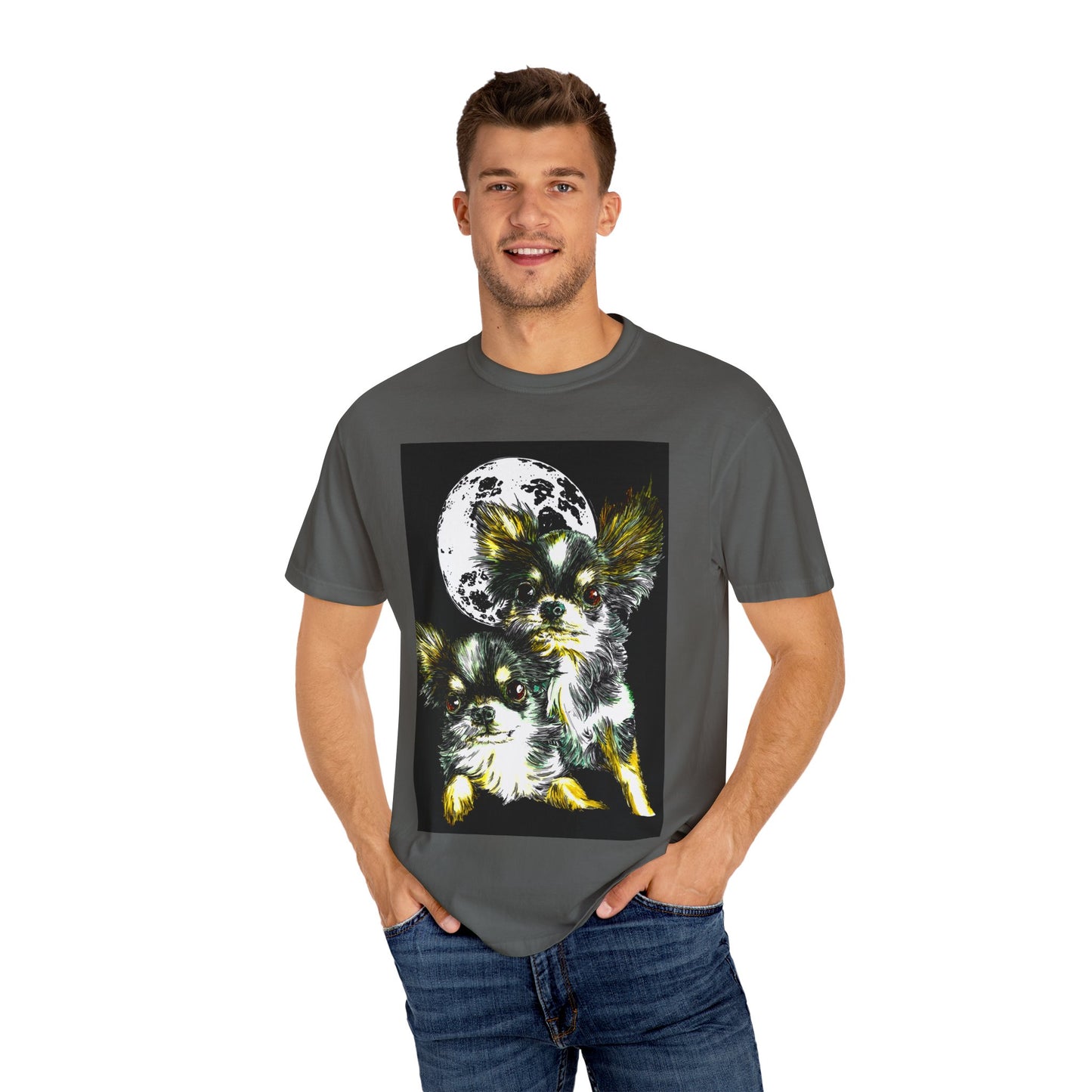 Cute Chihuahua Moon Night Unisex Garment-Dyed T-Shirt