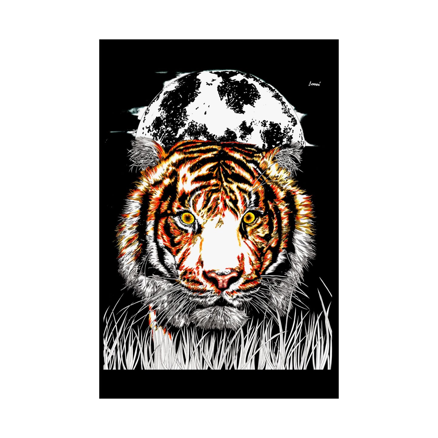 Majestic Tiger Satin Poster - 300gsm Art Print with Moon Design