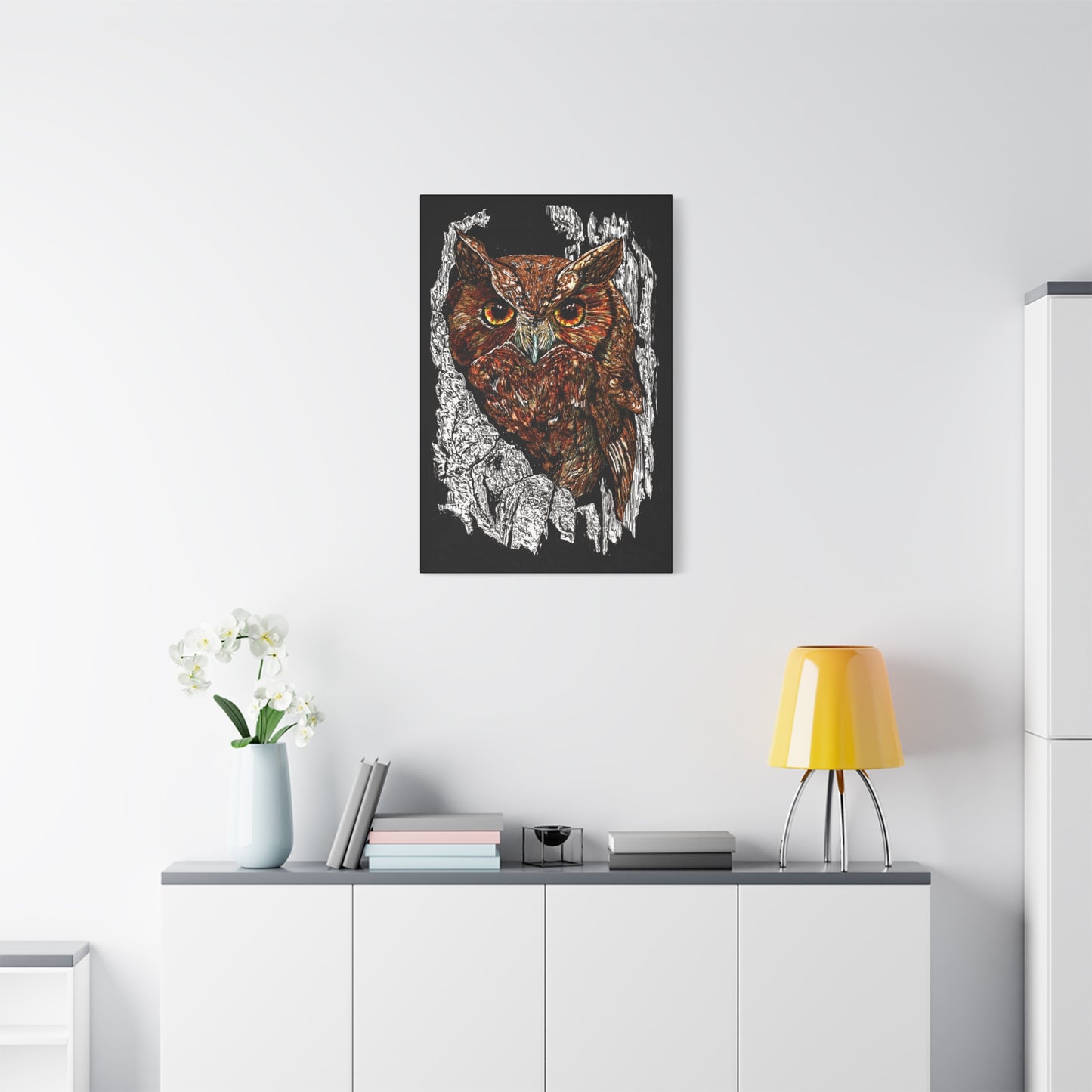 Owls in a Tree Wall Art Canvas Print of the Original, hand drawn wall art of an Owls in a Tree