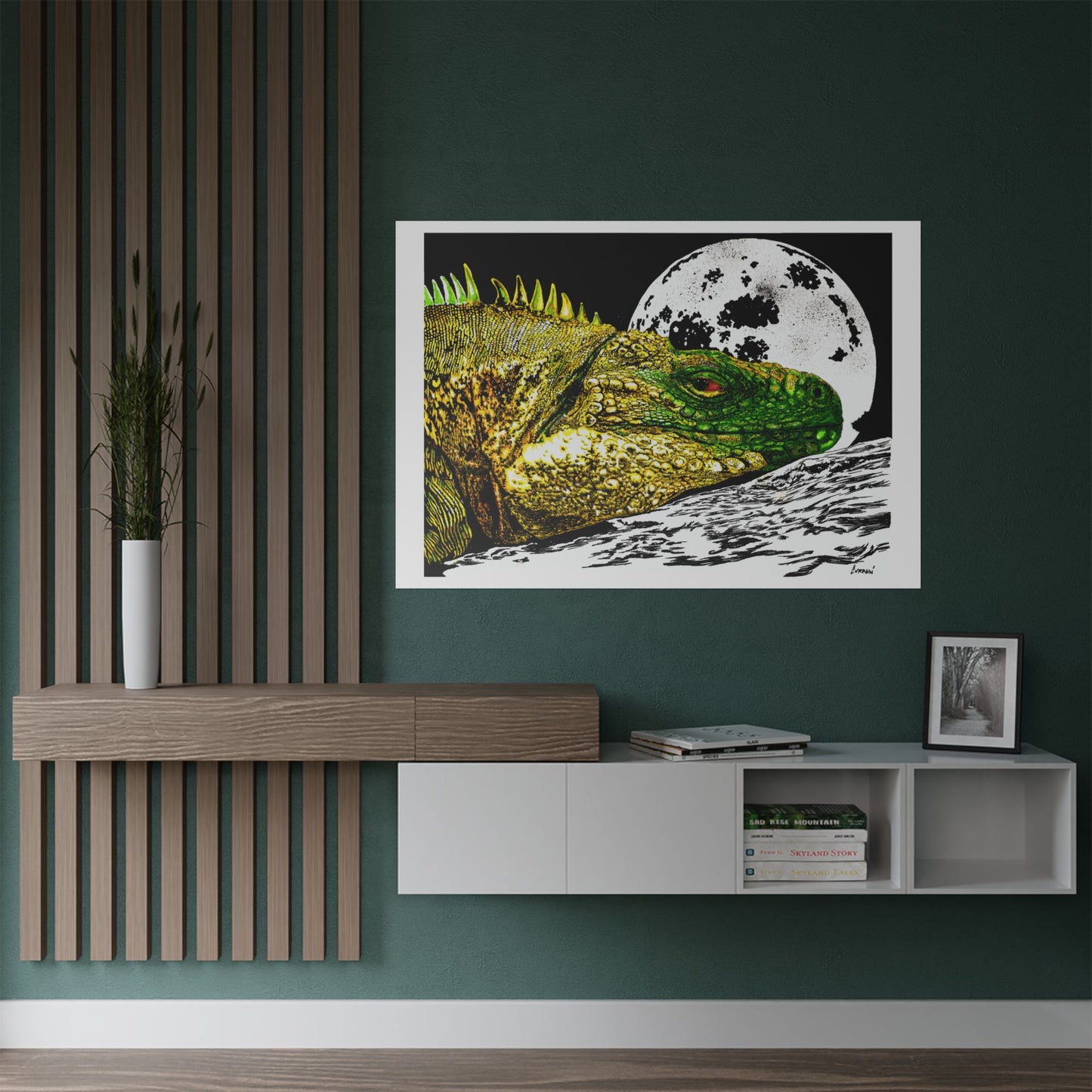 Vibrant Iguana Satin Poster - Moonlit Art Print for Nature Lovers