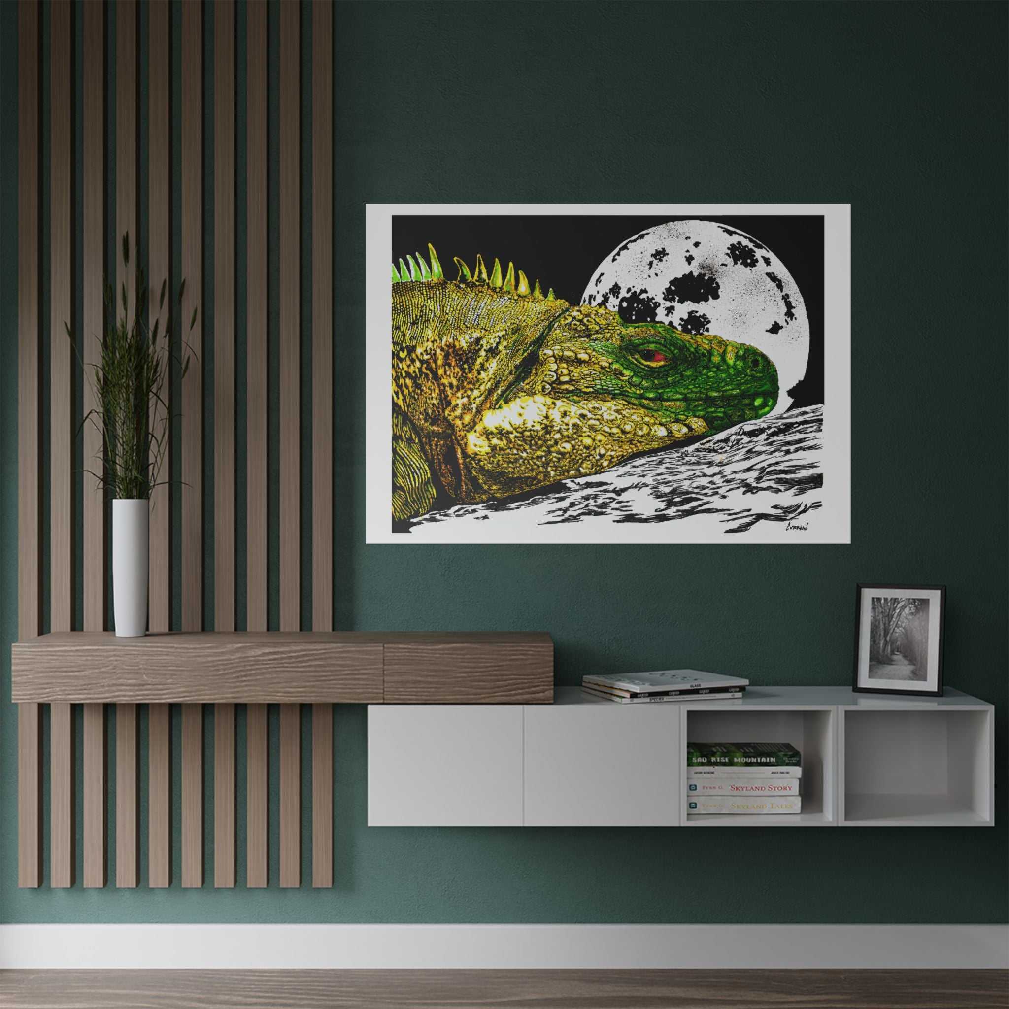 Transform your walls with our Vibrant Iguana Satin Poster - Moonlit Art Print for Nature Lovers. Bring nature's beauty indoors!