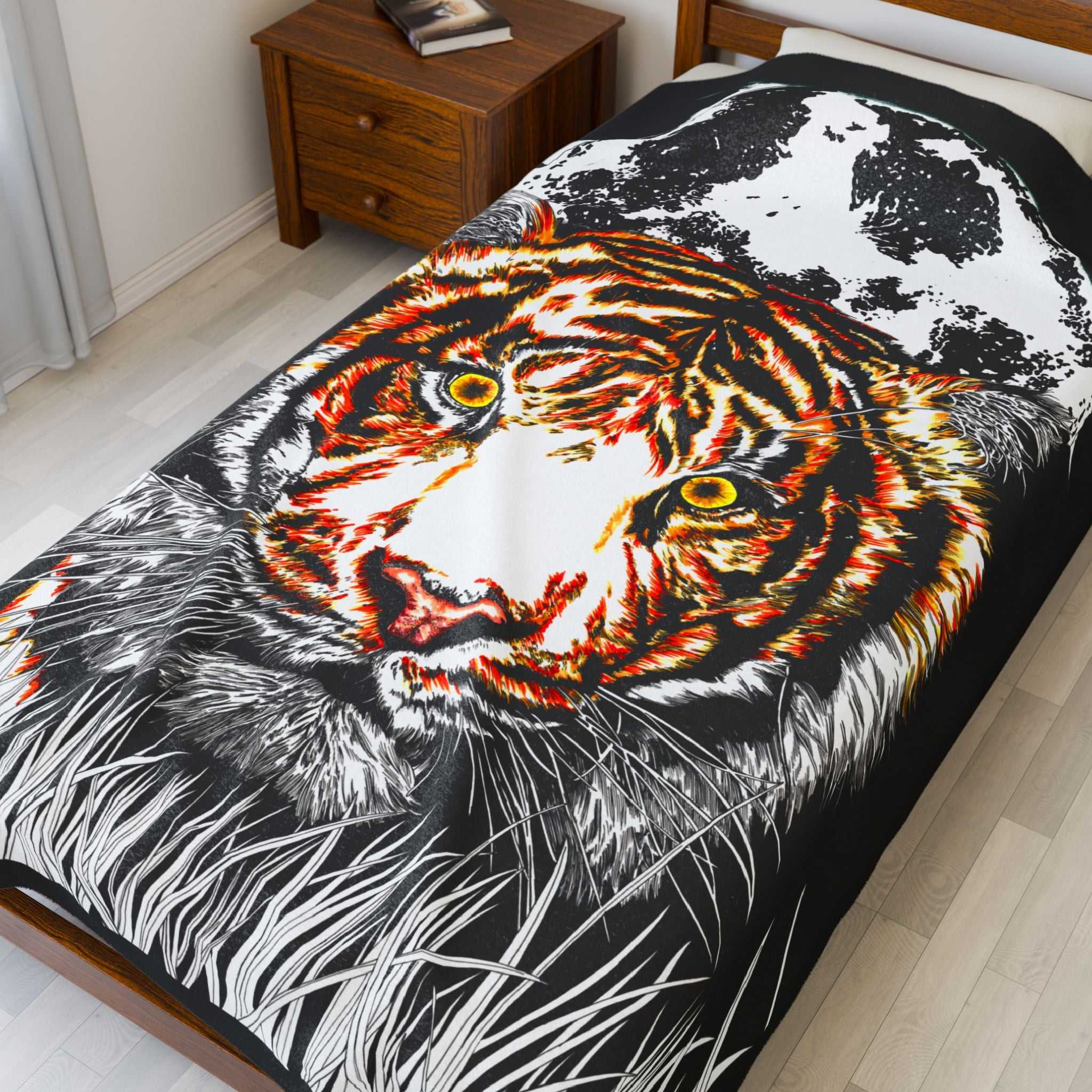 Majestic tiger artwork blanket featuring vibrant colors and a striking design on plush fabric.