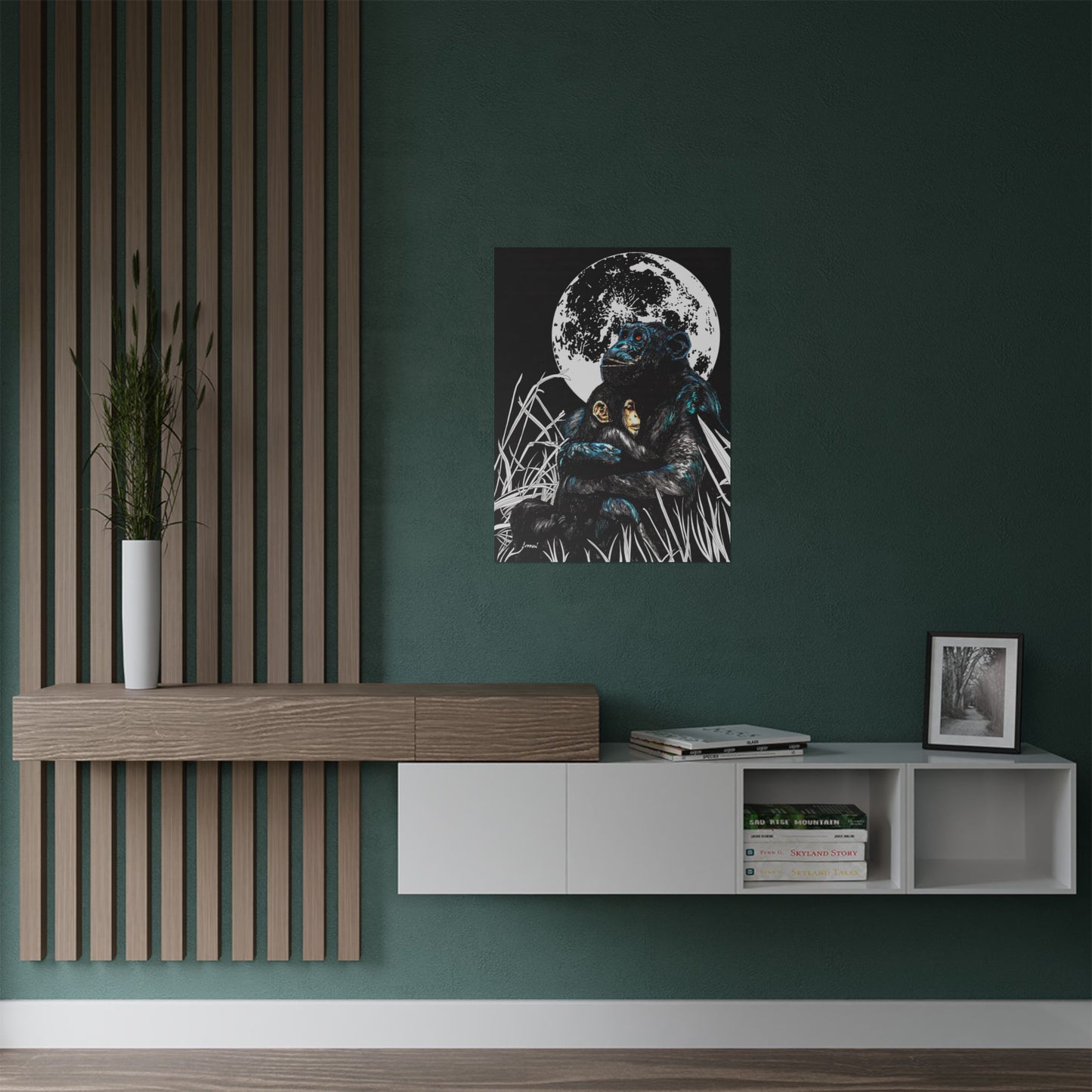 Satin Poster - Moonlit Chimpanzee Embrace Art Print