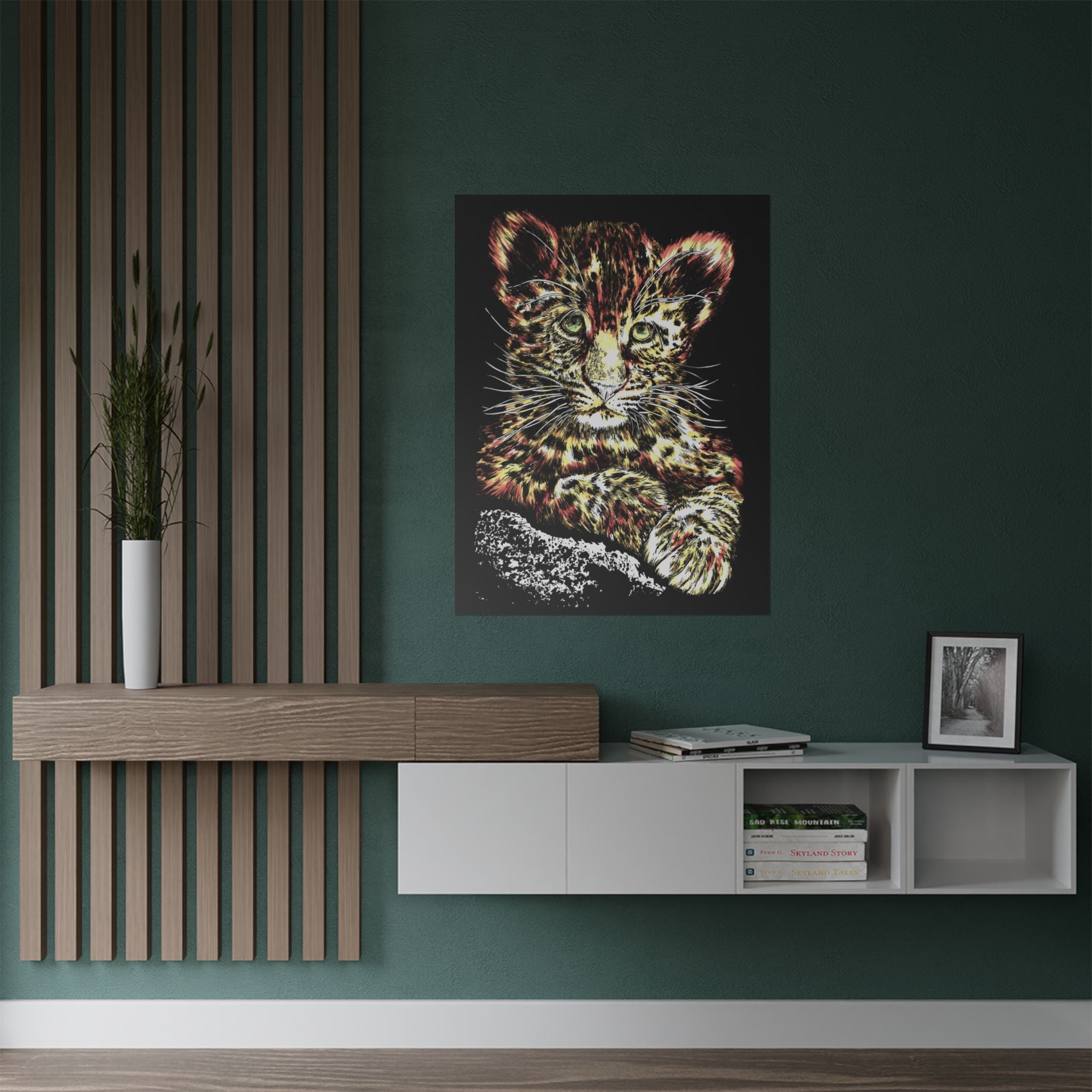 Leopard Cub Satin Poster, Vibrant Art for Animal Lovers