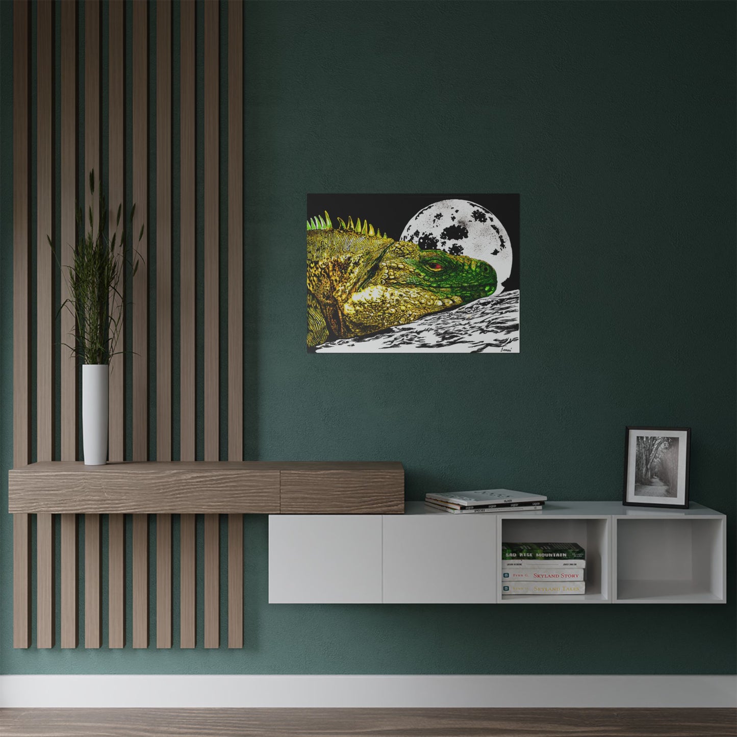 Vibrant Iguana Satin Poster - Moonlit Art Print for Nature Lovers