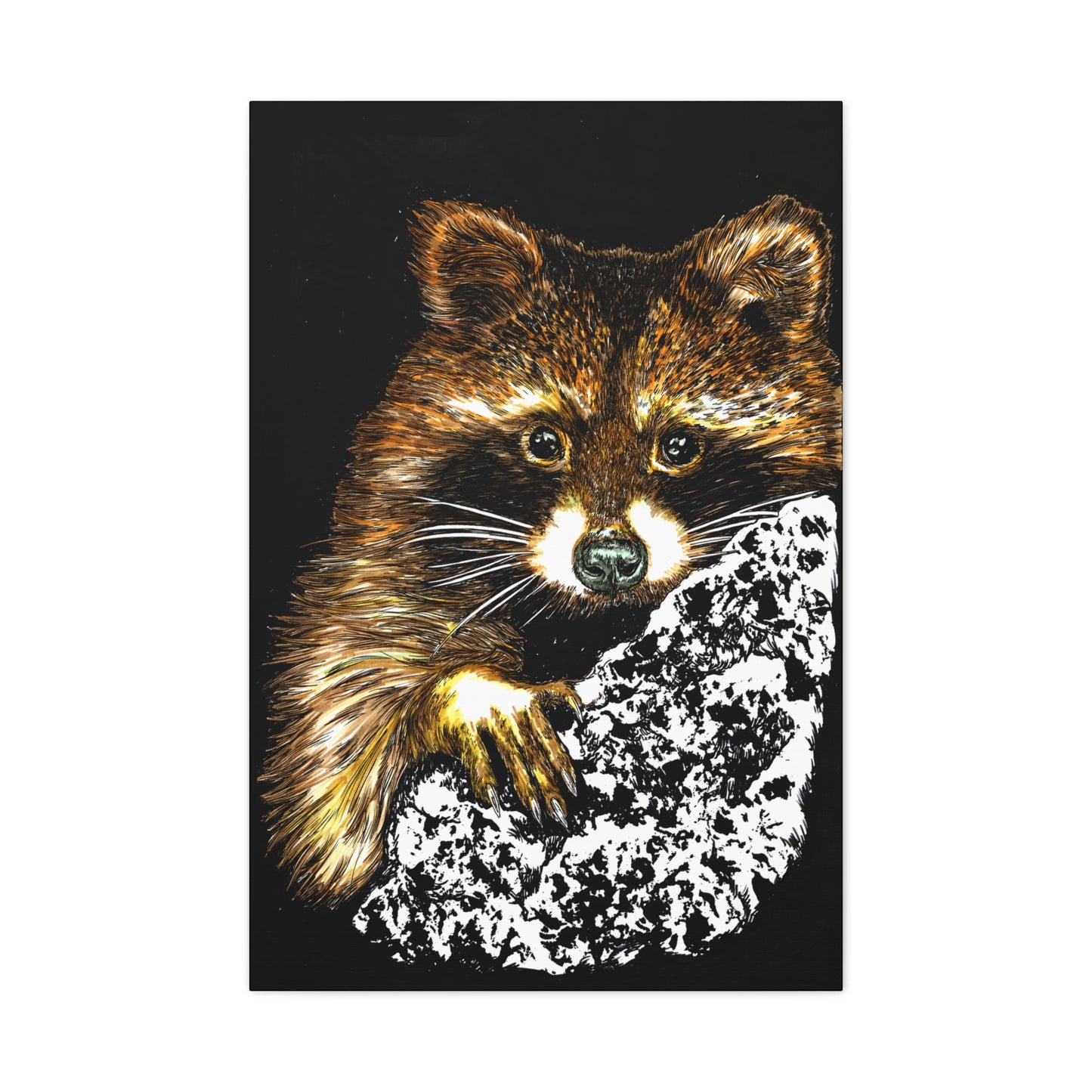 Raccoon in Tree Wall Art Canvas Print of the Original, hand drawn wall art of a Raccoon in a Tree