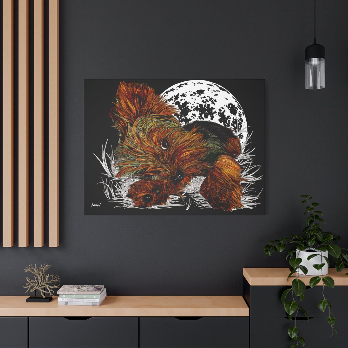 Yorkie Terrier Canvas Print - Cozy Yorkie with Moon Design