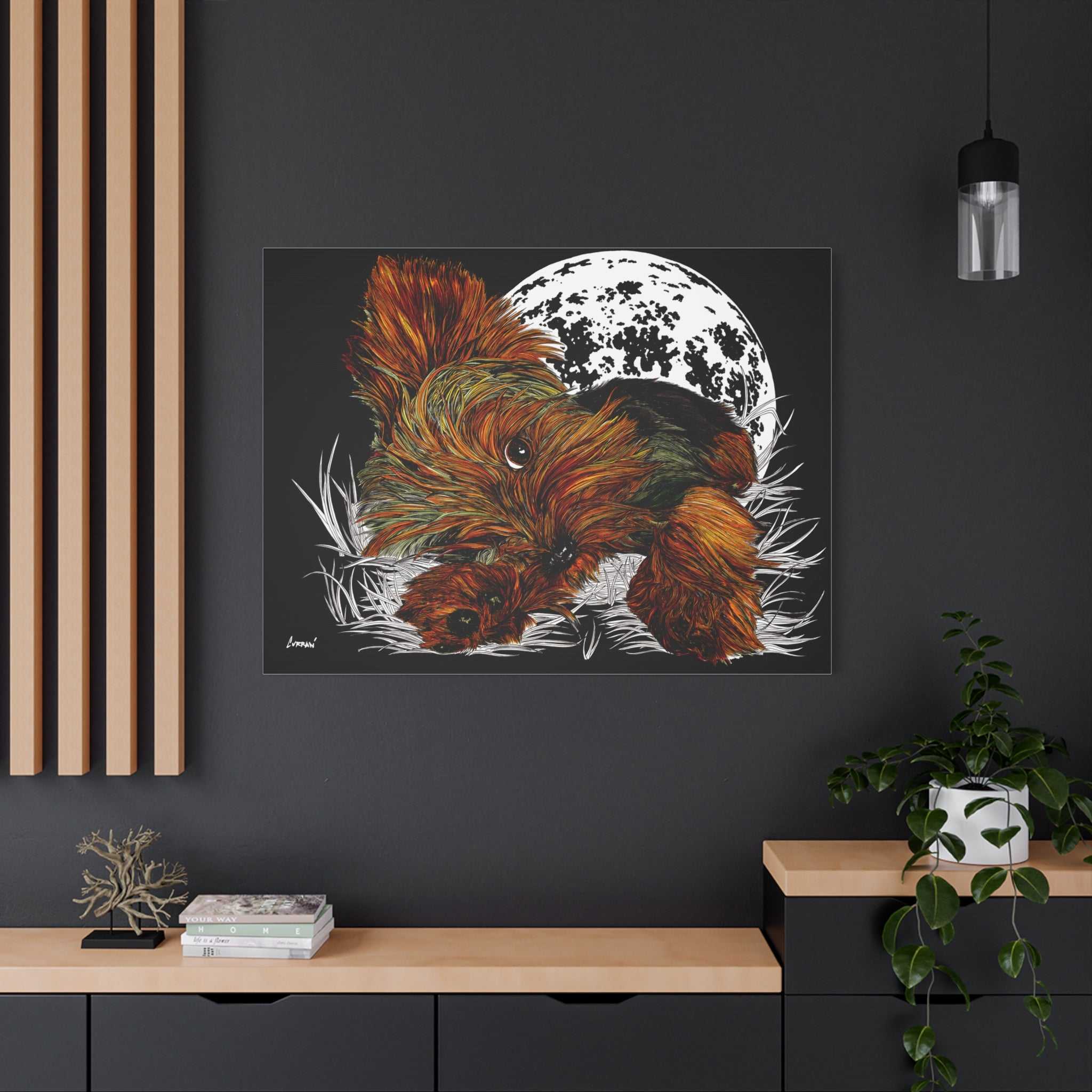 Bring a touch of charm to your walls with this adorable Yorkie Terrier Canvas Print - Cozy Yorkie with Moon Design. Perfect for dog lovers!