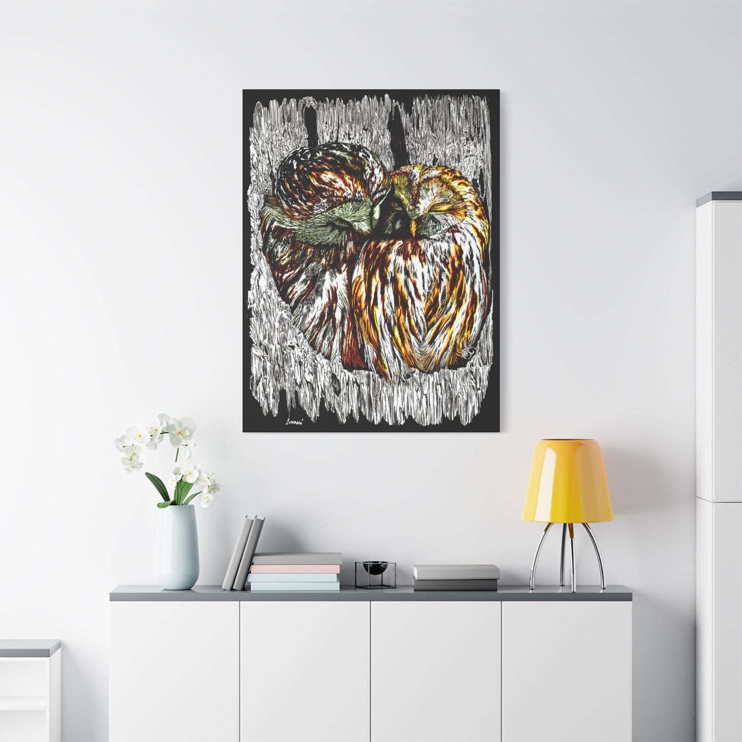 Owl Wall Art, Owl Print, Hand-Drawn Owls, Wildlife Art, Birds in Tree, Nature Wall Decor, Owl Lovers Gift, Woodland Art. Printed on Matte Canvas, Stretched, 1.25"