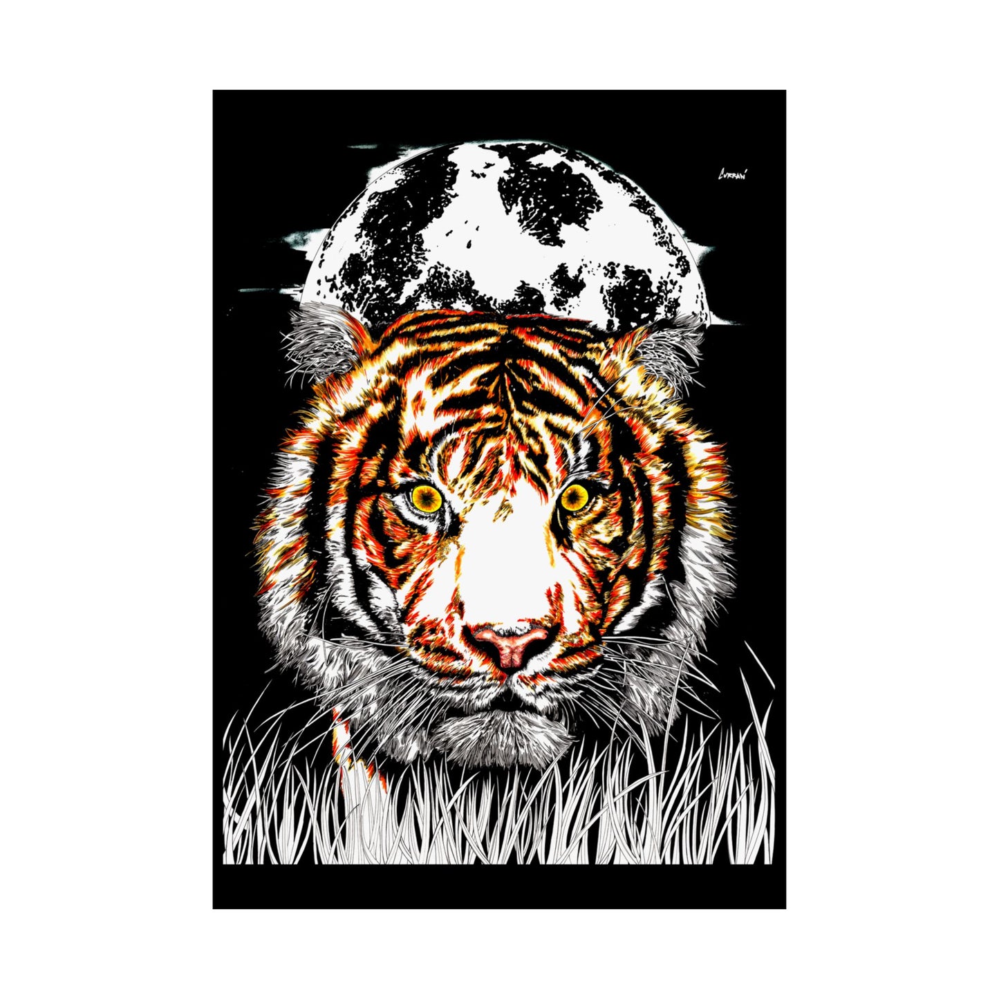 Majestic Tiger Satin Poster - 300gsm Art Print with Moon Design