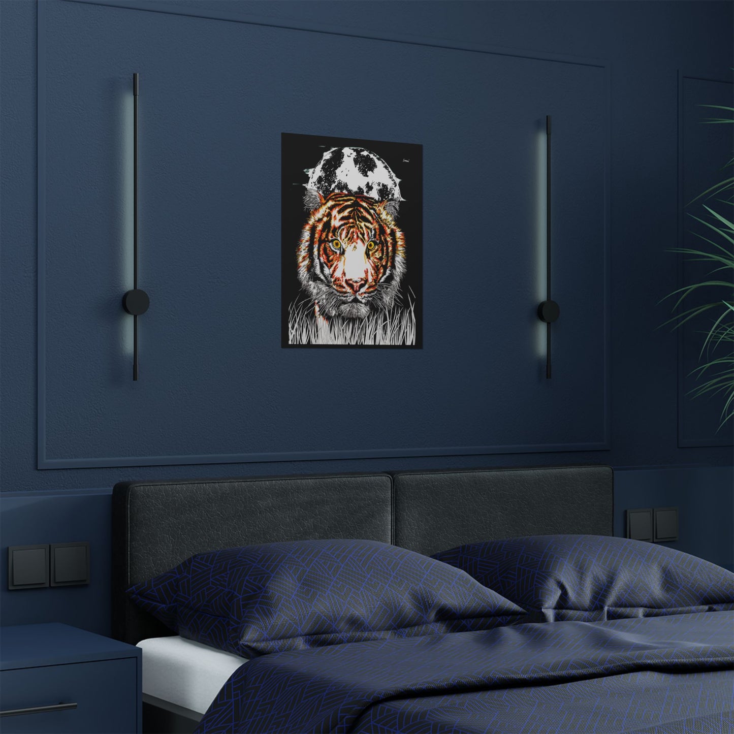 Majestic Tiger Satin Poster - 300gsm Art Print with Moon Design