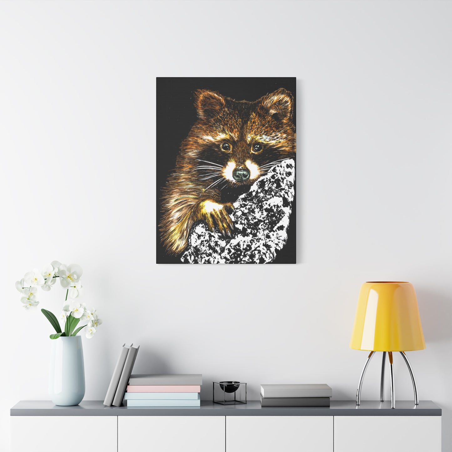 Raccoon in Tree Wall Art Canvas Print of the Original, hand drawn wall art of a Raccoon in a Tree