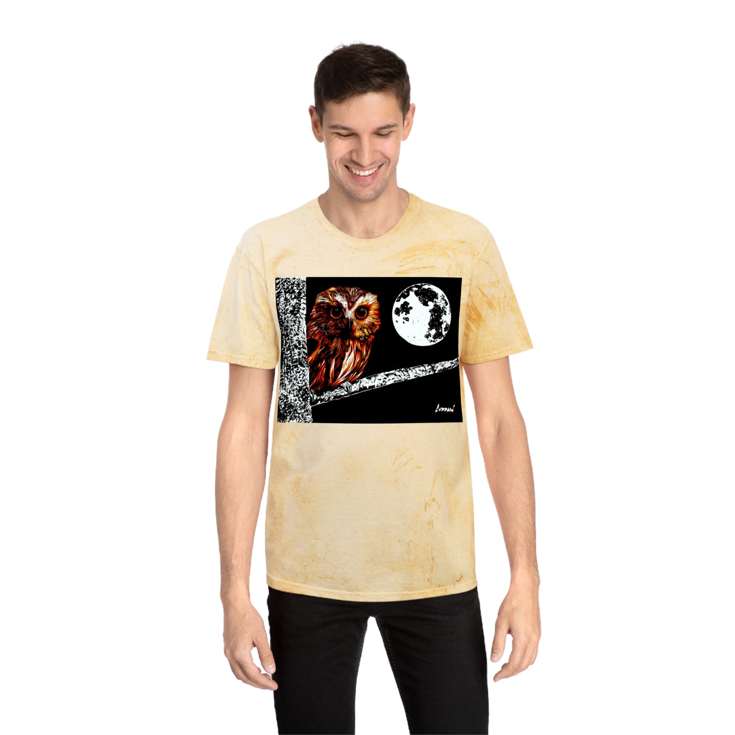 Owl on a Branch Color Blast T Shirt Original Hand Drawn Art