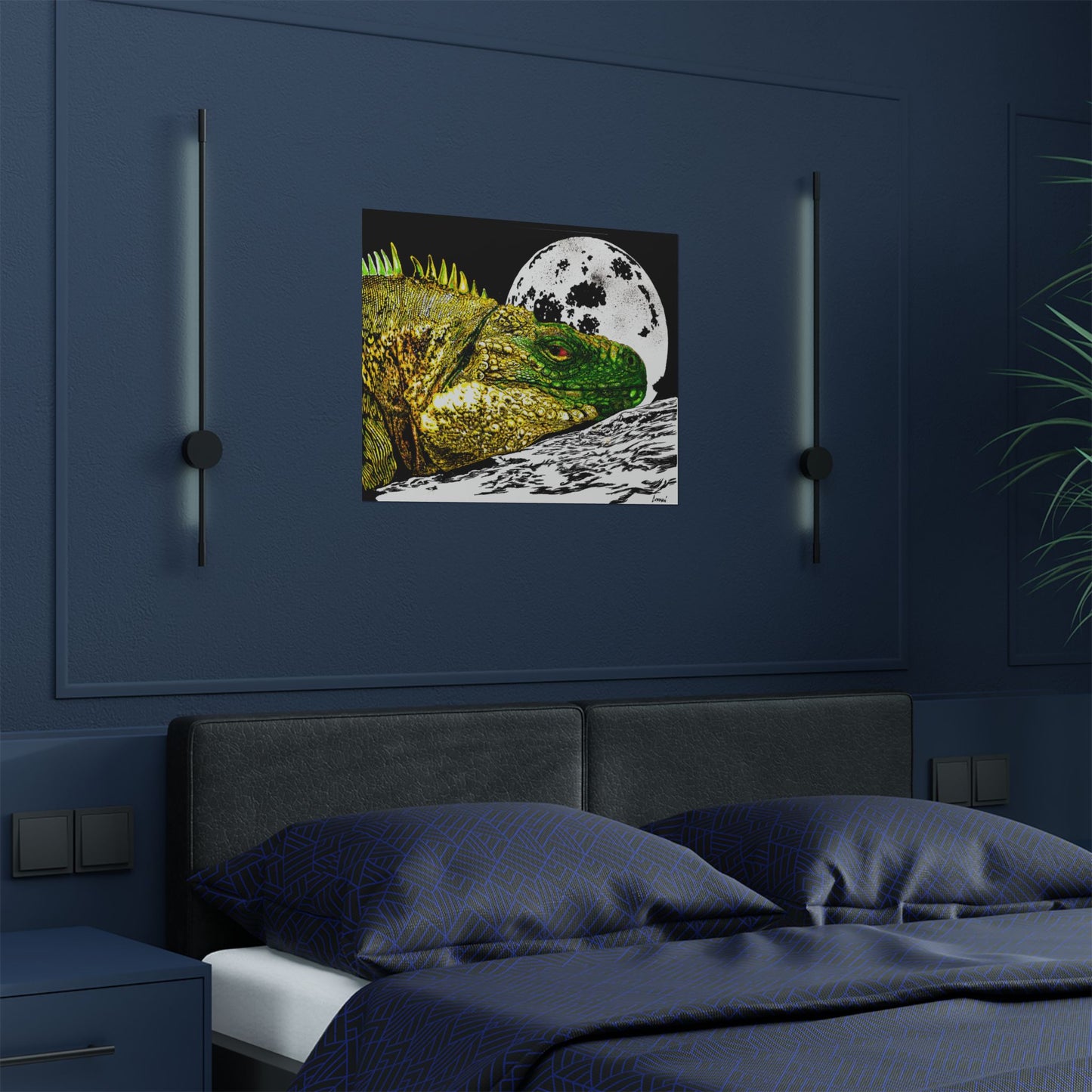Vibrant Iguana Satin Poster - Moonlit Art Print for Nature Lovers
