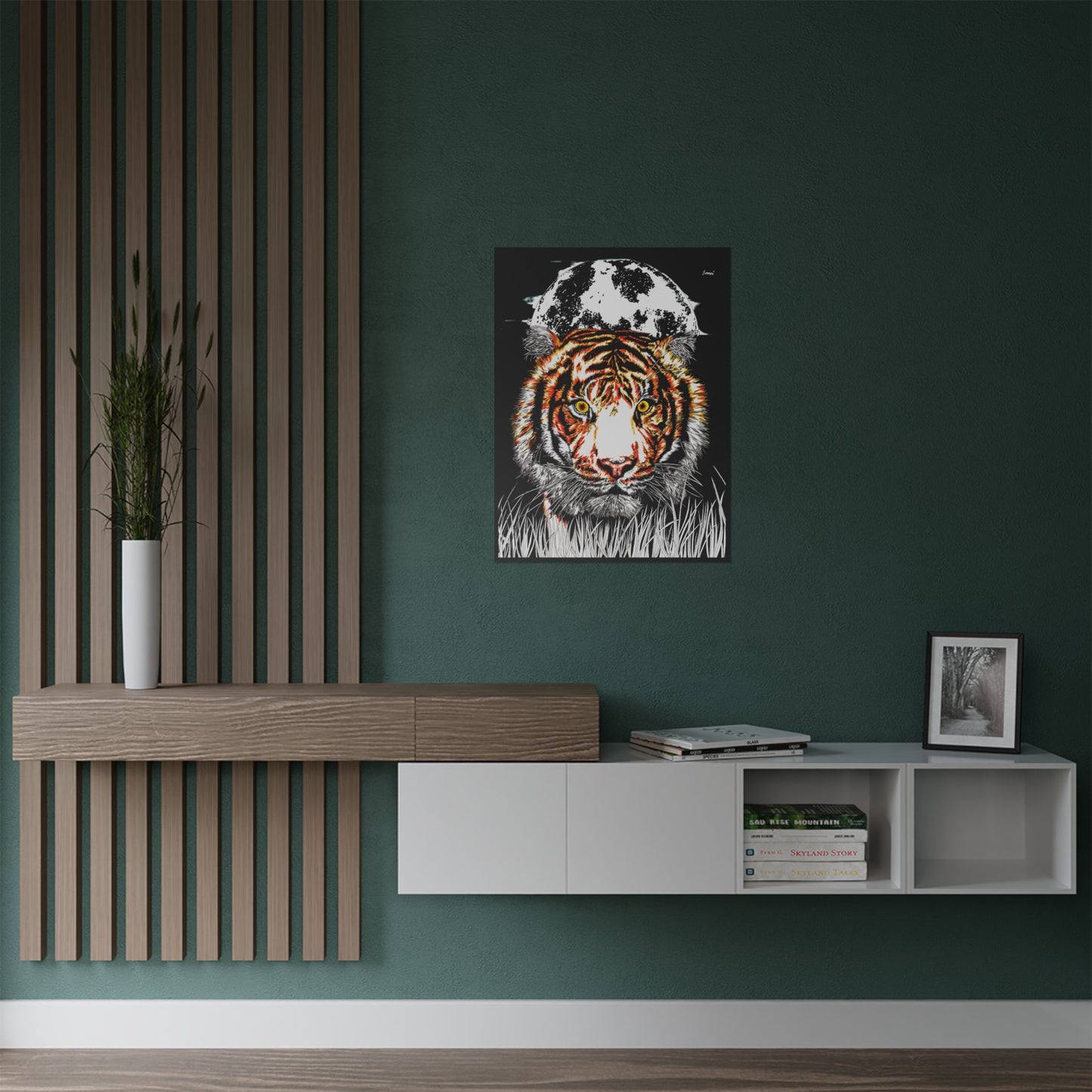 Majestic Tiger Satin Poster - 300gsm Art Print with Moon Design