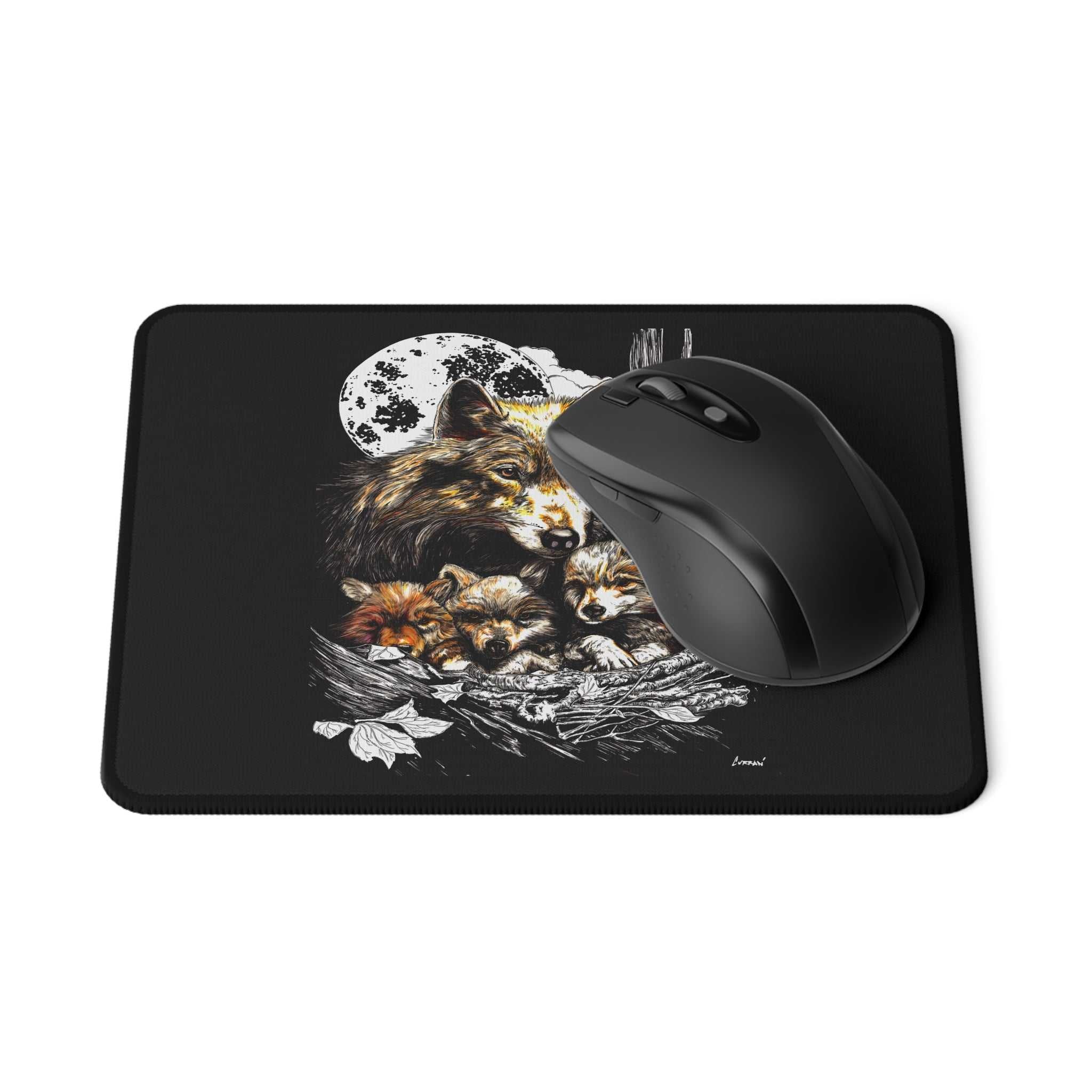 Wolf Family Non-Slip Gaming Mouse Pad - Perfect for Gamers & Nature Lovers featuring the Original, Hand Drawn Wolf and Cubs Wall Art Poster.