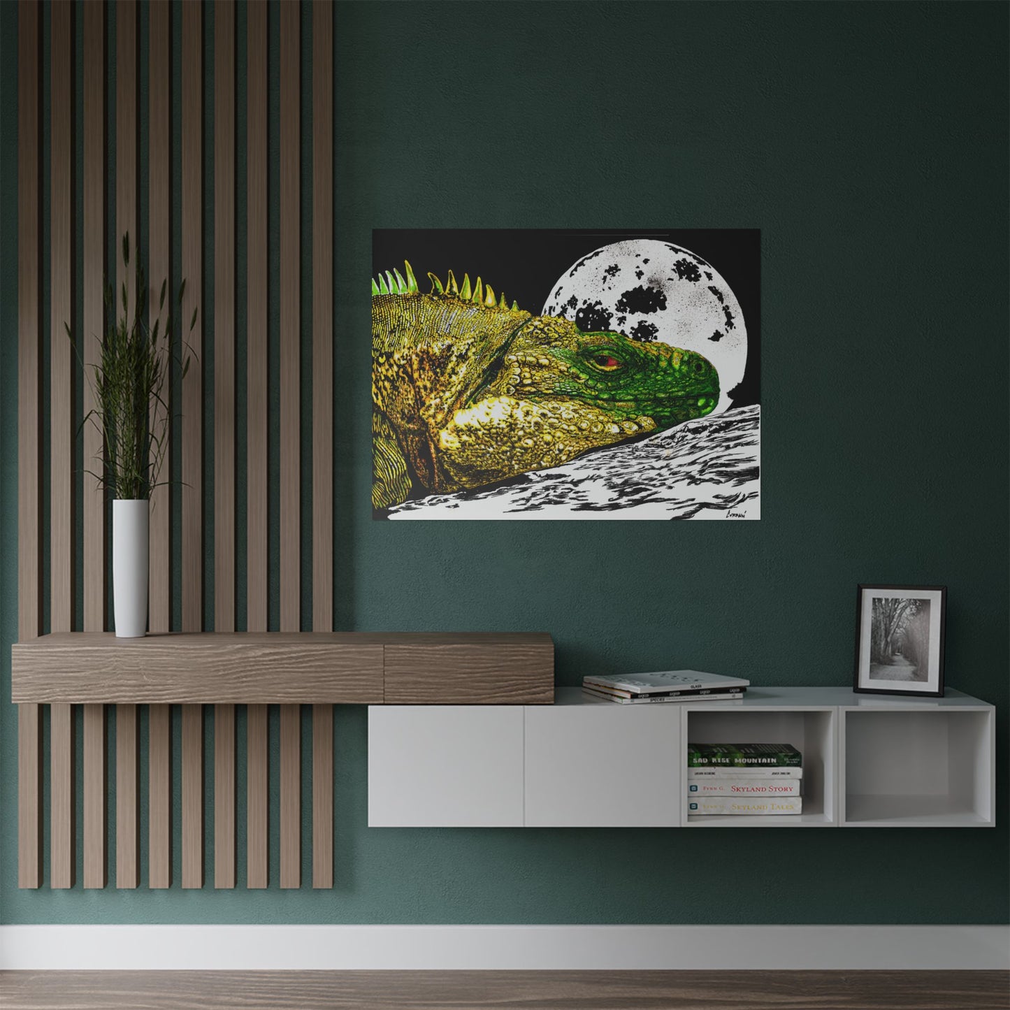 Vibrant Iguana Satin Poster - Moonlit Art Print for Nature Lovers