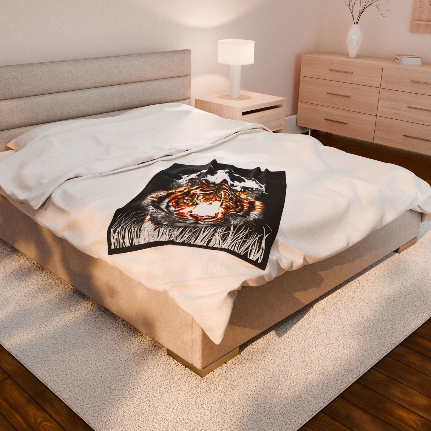 Majestic tiger artwork blanket featuring vibrant colors and a striking design on plush fabric.