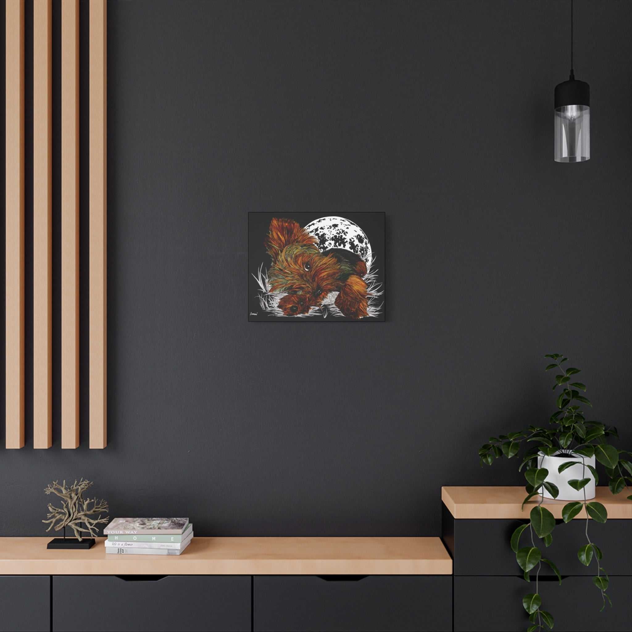 Bring a touch of charm to your walls with this adorable Yorkie Terrier Canvas Print - Cozy Yorkie with Moon Design. Perfect for dog lovers!