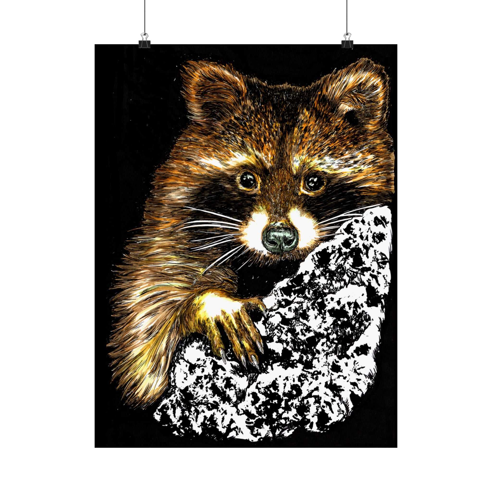 Bring the beauty of nature home with our Raccoon Wildlife Satin Poster - Hand-Drawn Raccoon Art Print. Add a touch of whimsy to your space today!