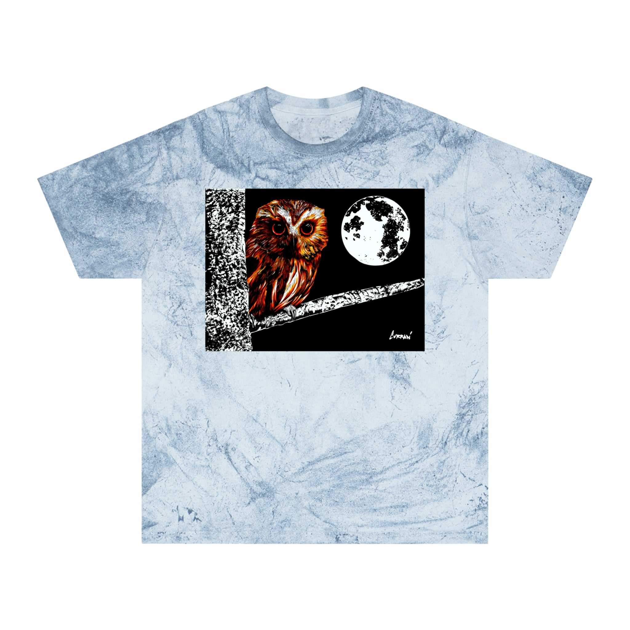 Owl on a Branch Color Blast T Shirt Original Hand Drawn Art
