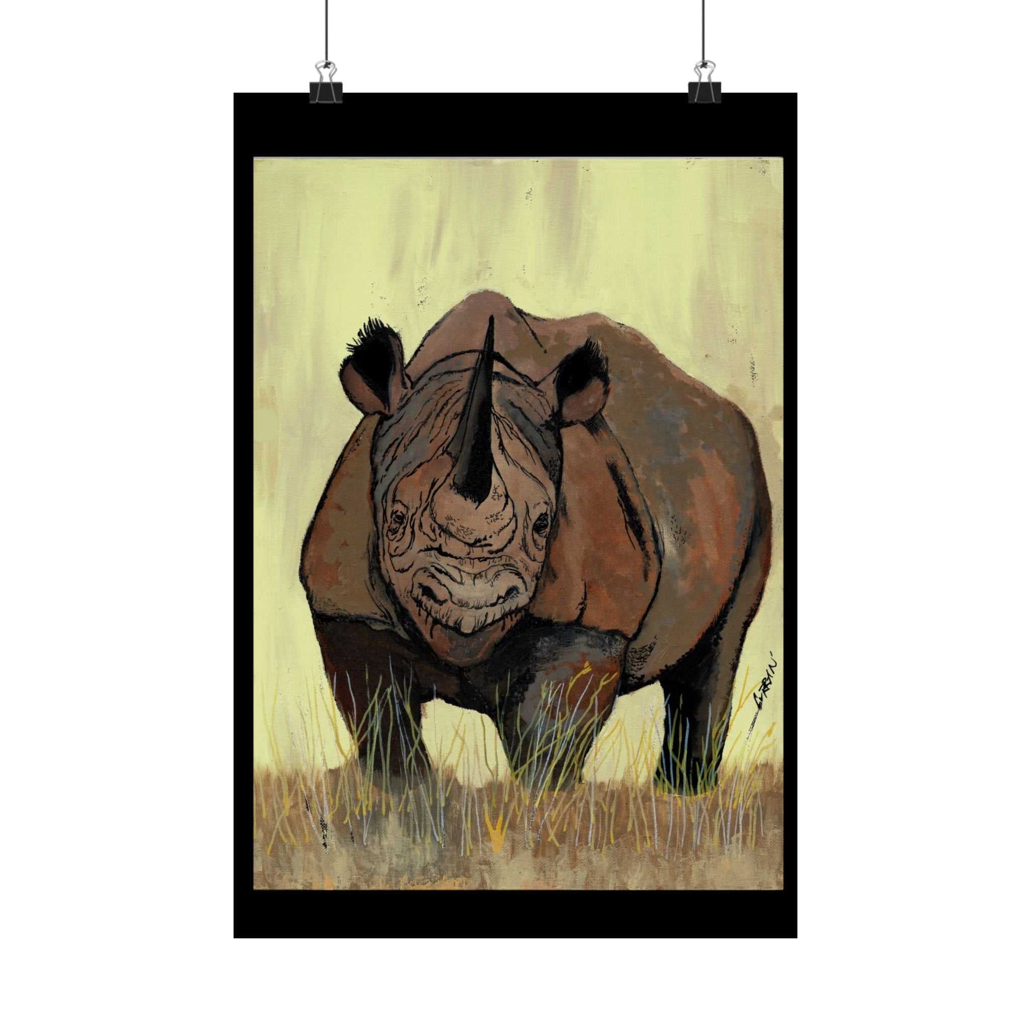 Discover the beauty of Rhino Wildlife Satin Poster - Majestic Rhino Art - Nature Decor - Majestic Rhino Art. Bring the wild into your home today!