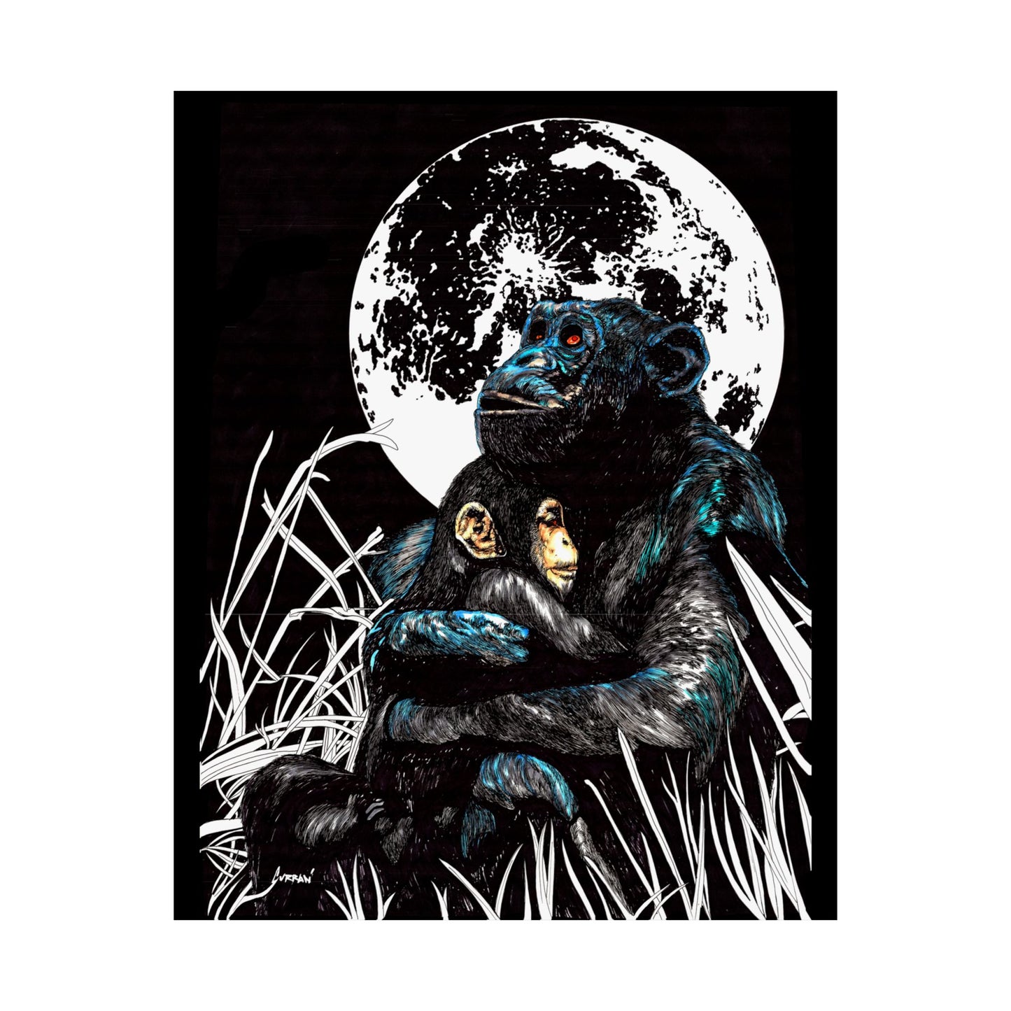 Satin Poster - Moonlit Chimpanzee Embrace Art Print