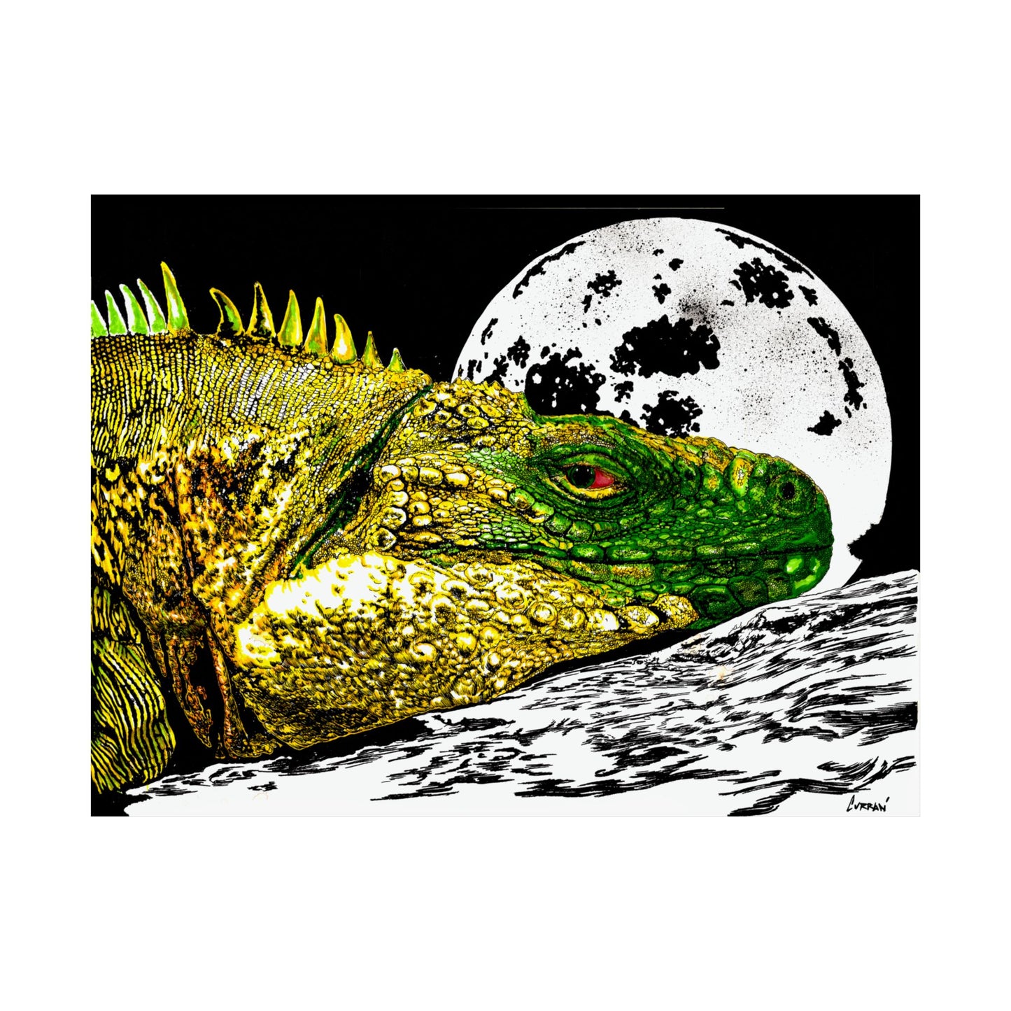 Vibrant Iguana Satin Poster - Moonlit Art Print for Nature Lovers