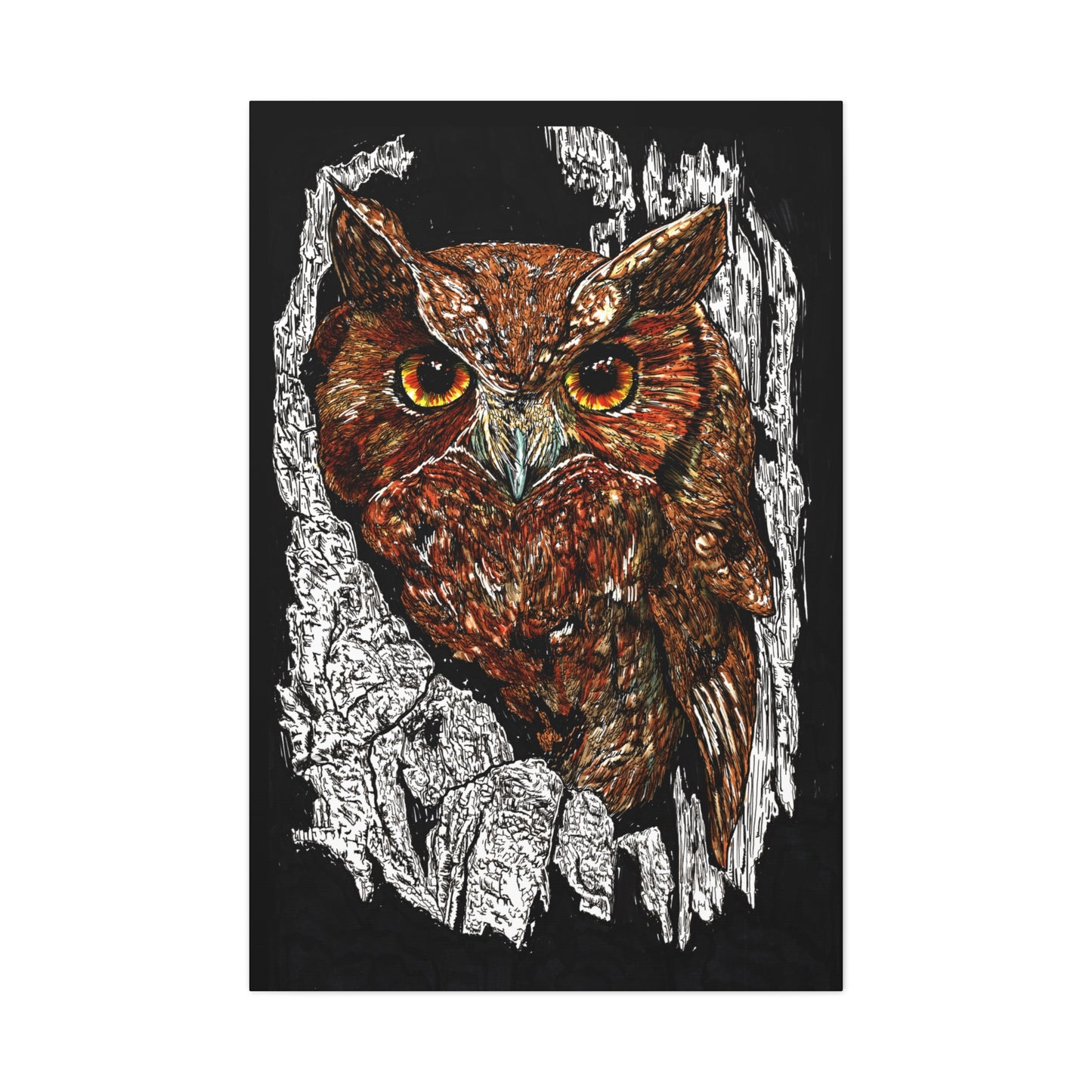 Owls in a Tree Wall Art Canvas Print of the Original, hand drawn wall art of an Owls in a Tree